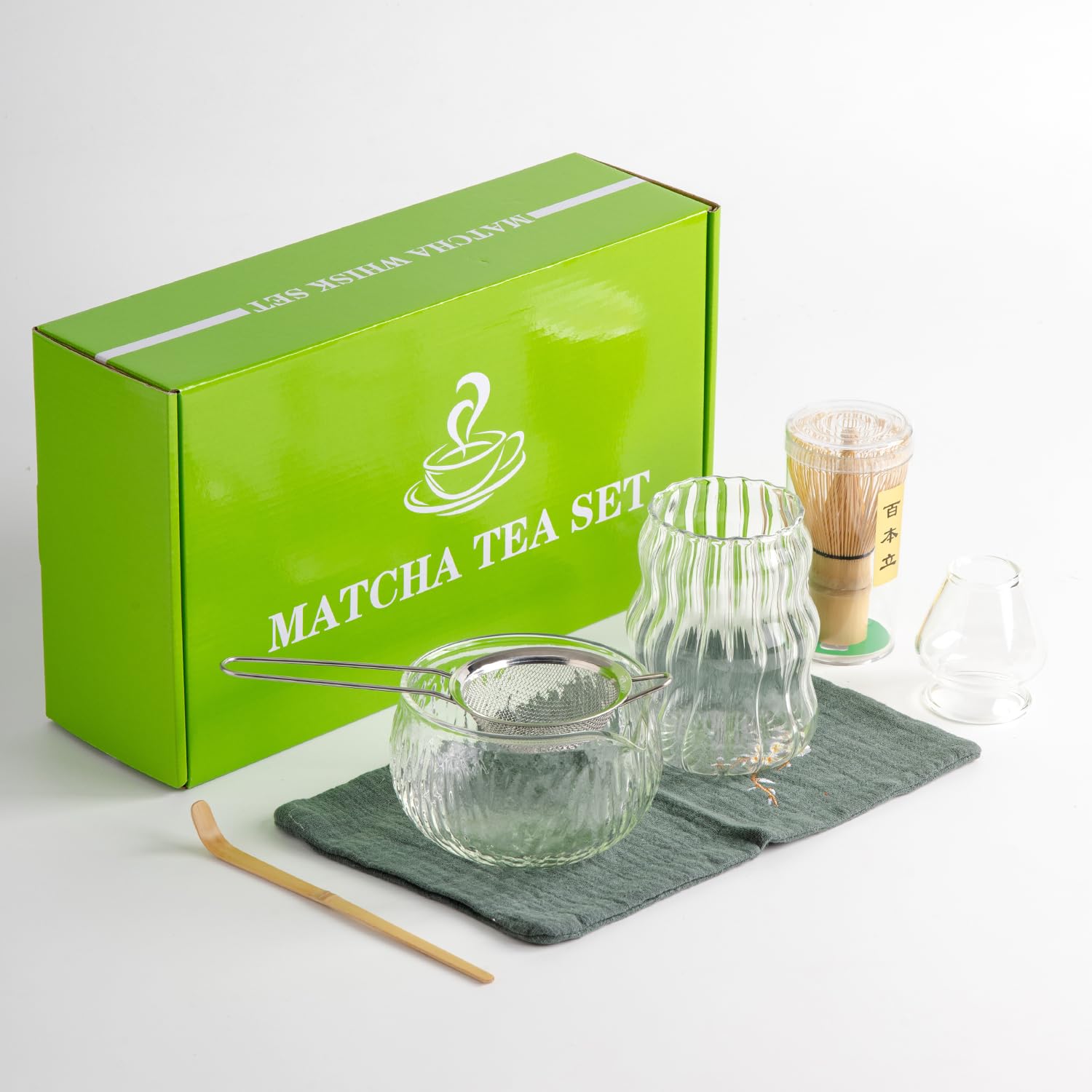 Dwehixbuy 7Pcs Japanese Matcha Tea Set, Matcha Kit With Matcha Bowl (With Pouring Spout), Matcha Whisk, Whisk Holder, Strainer -