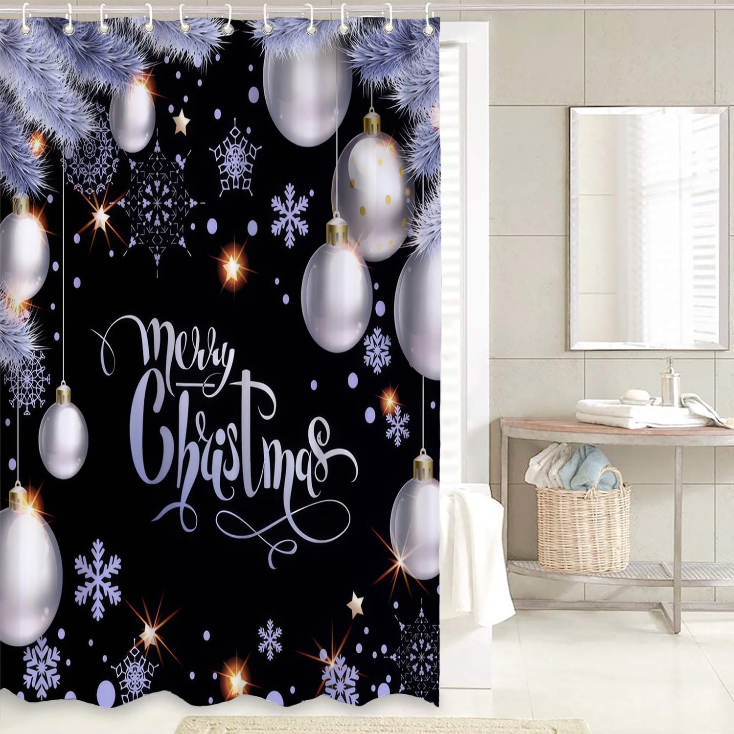 Griekowe 4 Pcs Xmas Ball Black Background Christmas Shower Curtain Set With Non-Slip Rugs, White Snowflake Winter Holiday Festiv
