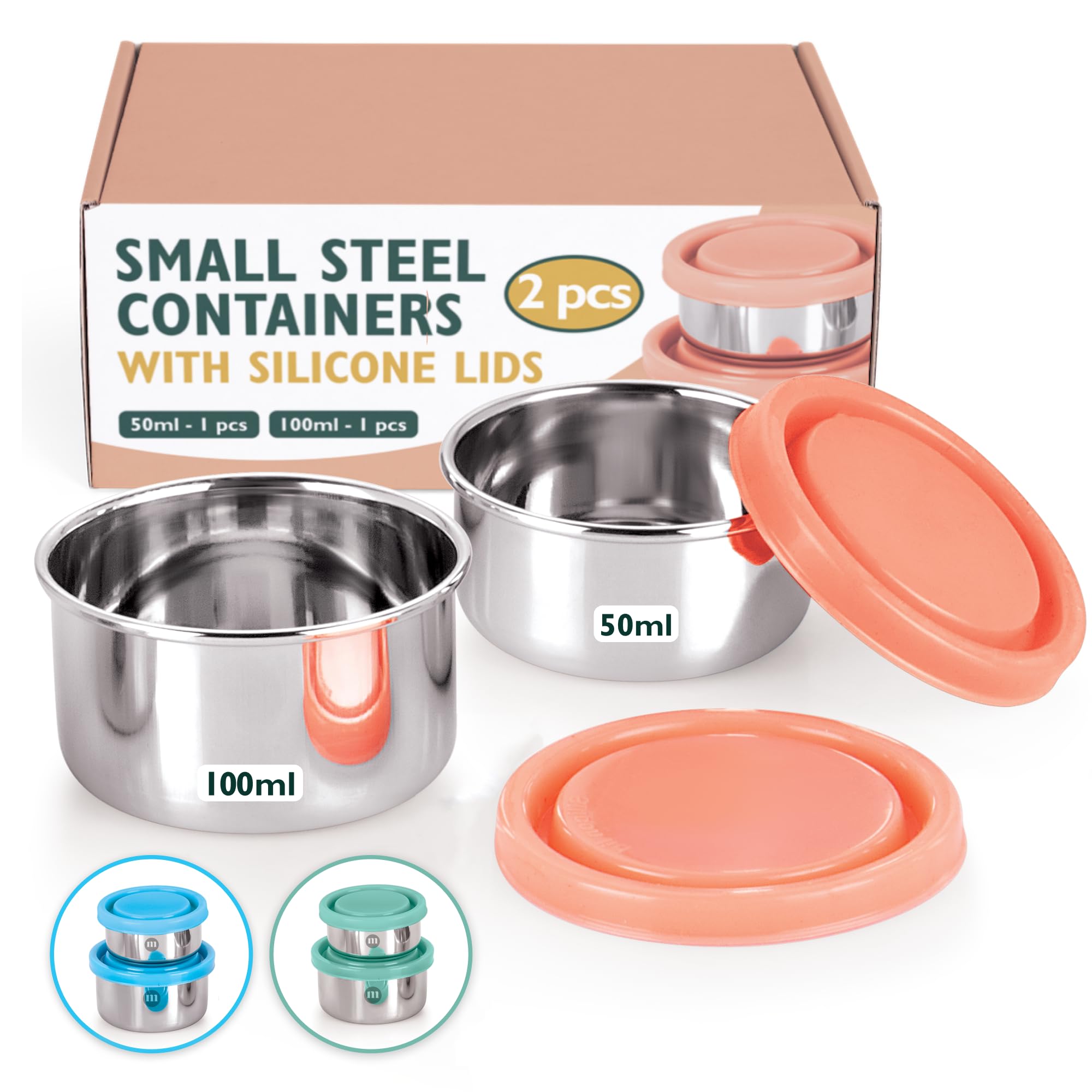 Maru Stainless Steel Chutney Dabba Set 2 With Durable FoodGrade Silicone Lids, Perfect Small Tiffin Boxes For Chutney, Salad, D