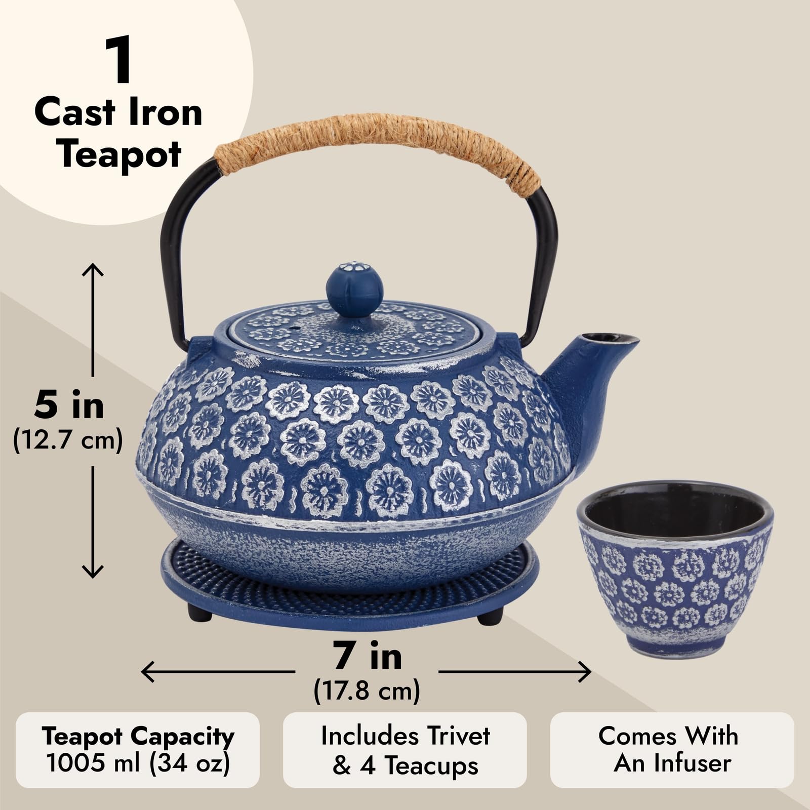 Juvale 6 Piece Set Japanese Cast Iron Teapot With Infuser, 4 Teacups And Trivet (32 Oz, Blue)