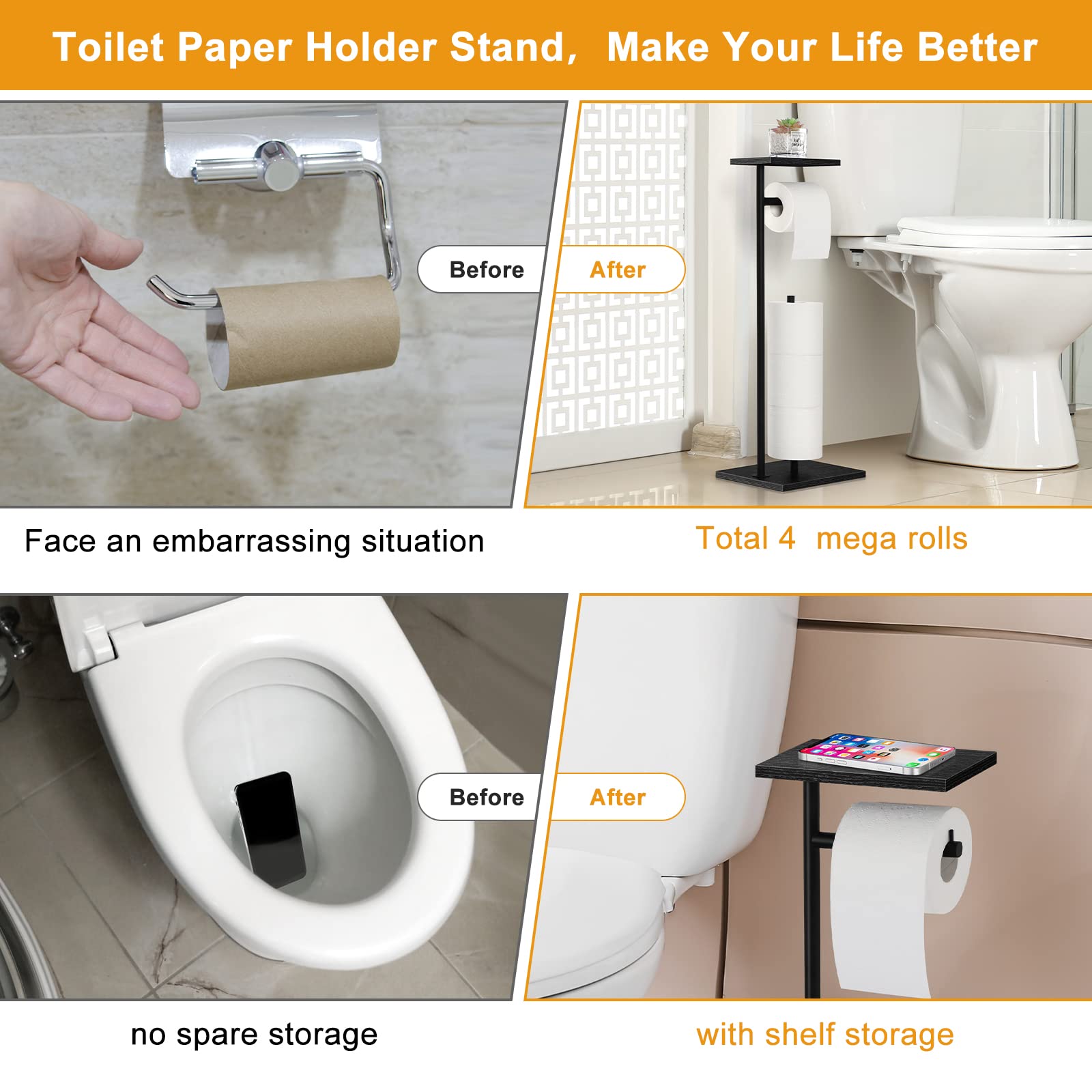 Toilet Paper Holder Free Standing Black Bathroom Toilet Paper Holder Stand With Storage Shelf, Freestanding Roll Tissue Holders