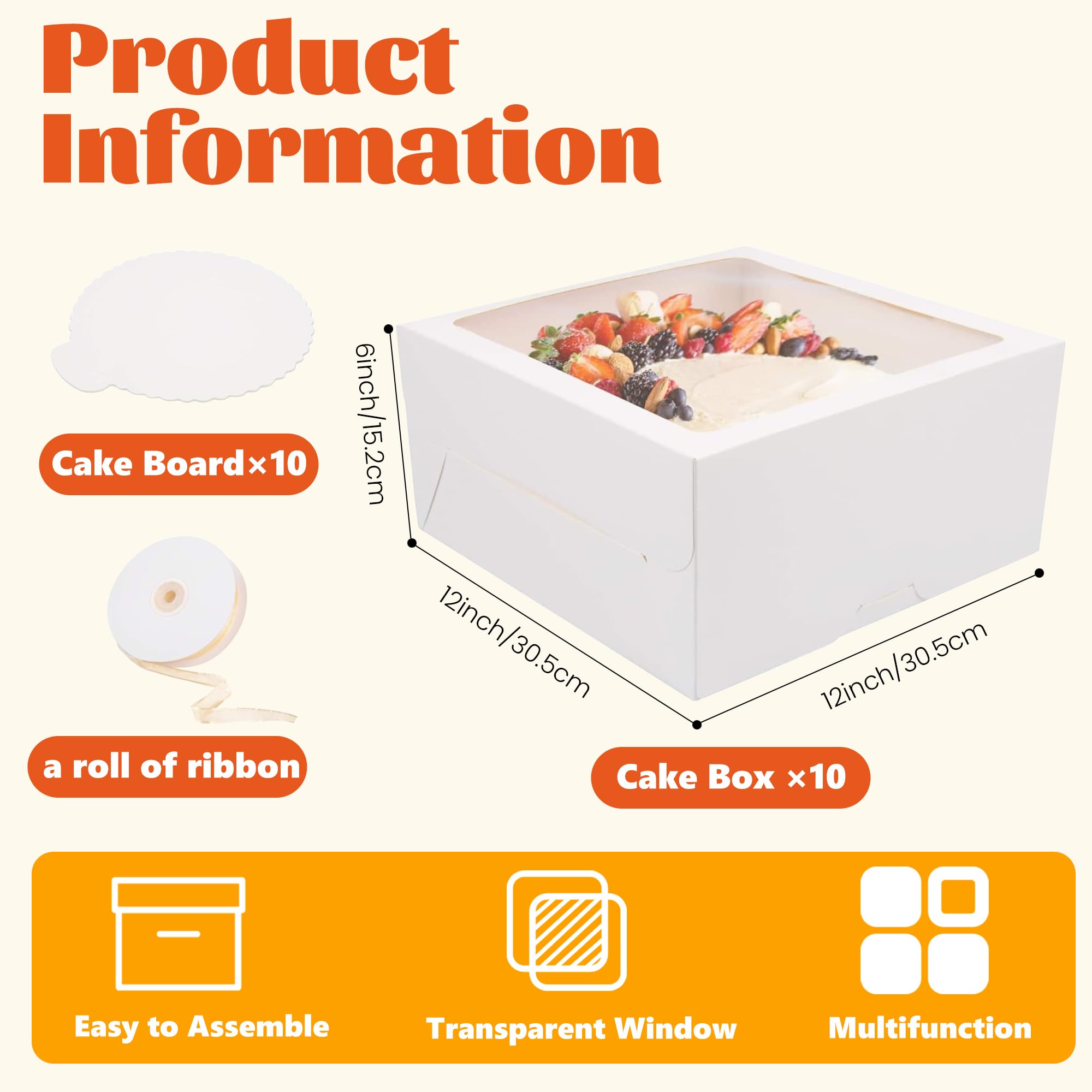 LOKQING 20Pcs Cake Boxes with Window and Cake Boards White Bakery Boxes for Cakes Gift 12x12x6 Inches(10 Boxes & 10 Boards)