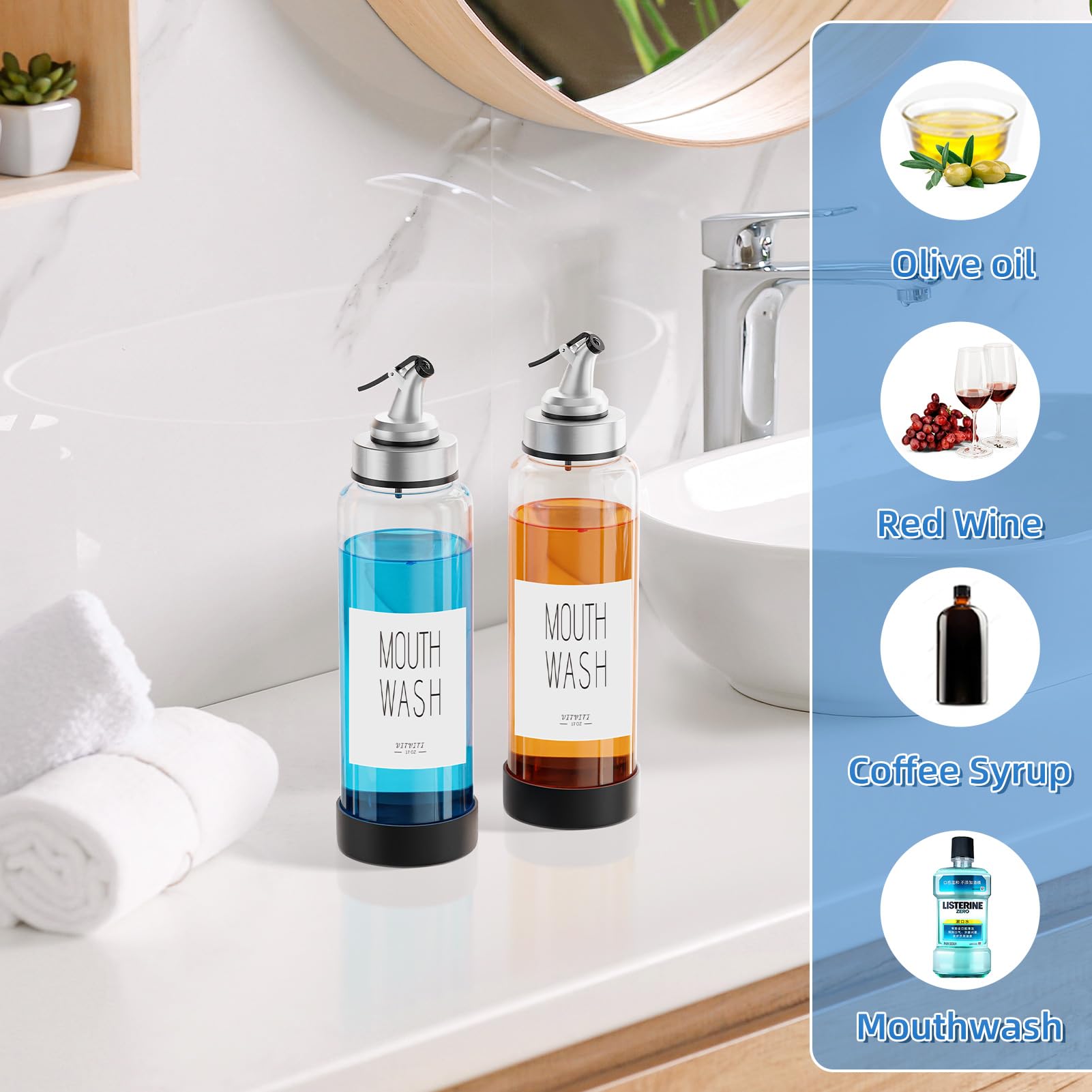 Vitviti Mouthwash Dispenser For Bathroom, Glass Mouth Wash Container With 2 Glass Cups, Press Lid 17Oz Clear Refillable Mouthwas