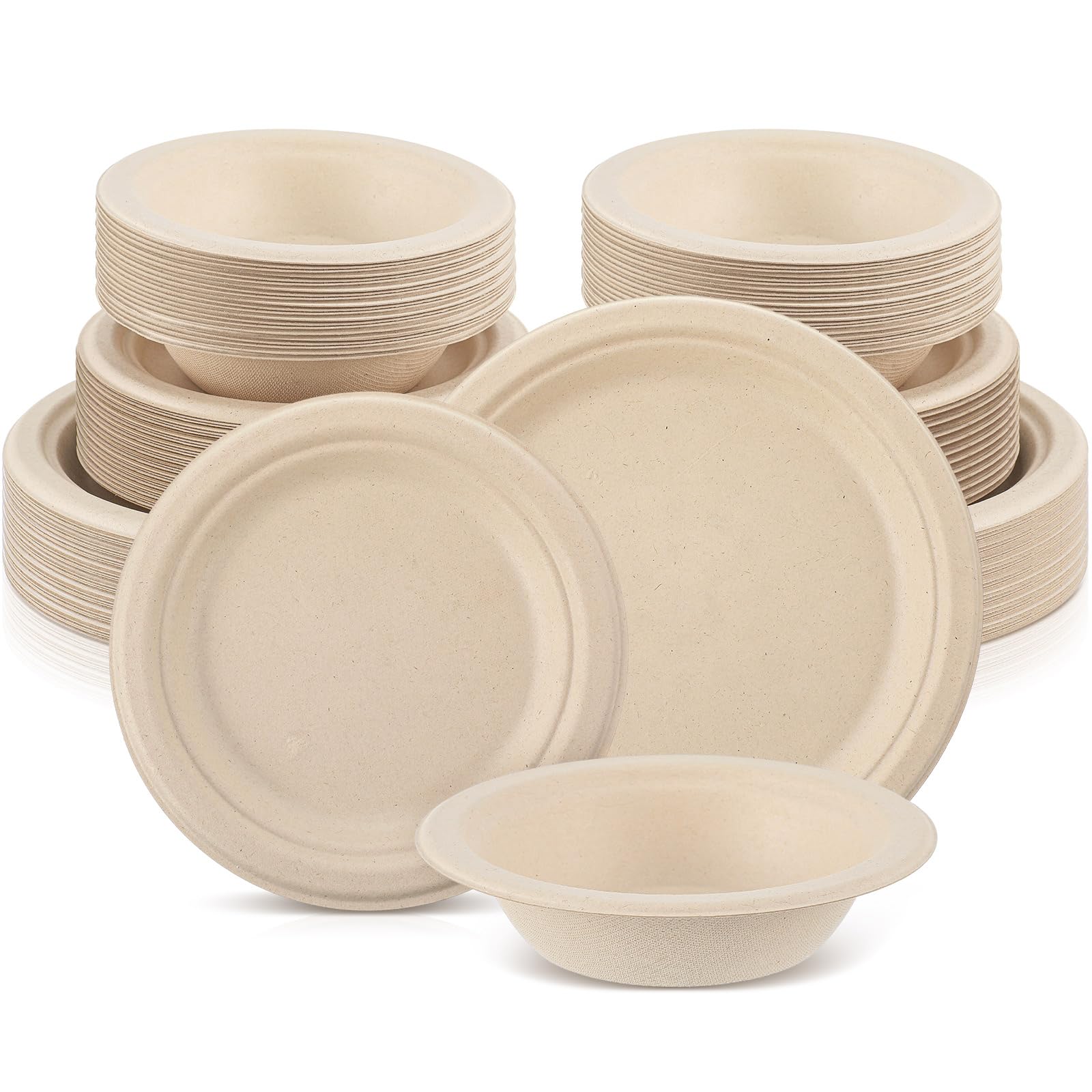 Havawish 150 Pcs Compostable Paper Plates and Bowls Set 8 Inch 10 Inch Disposable Plate 12oz Biodegradable Bowls for 50 Guests P