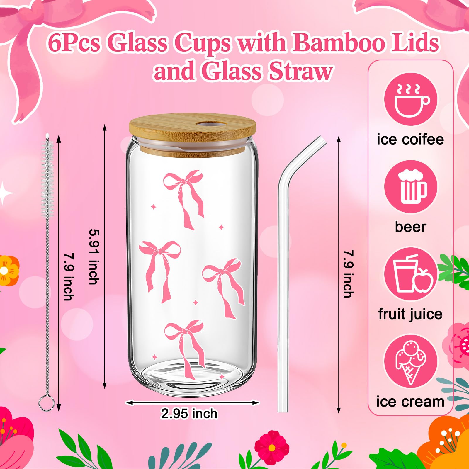 Reallnaive 18 Pcs Pink Bow Glass Cups With Lids Coquette Bow Cosmetic Makeup Bag Pink Hair Scrunchies Ties For Women Birthday We