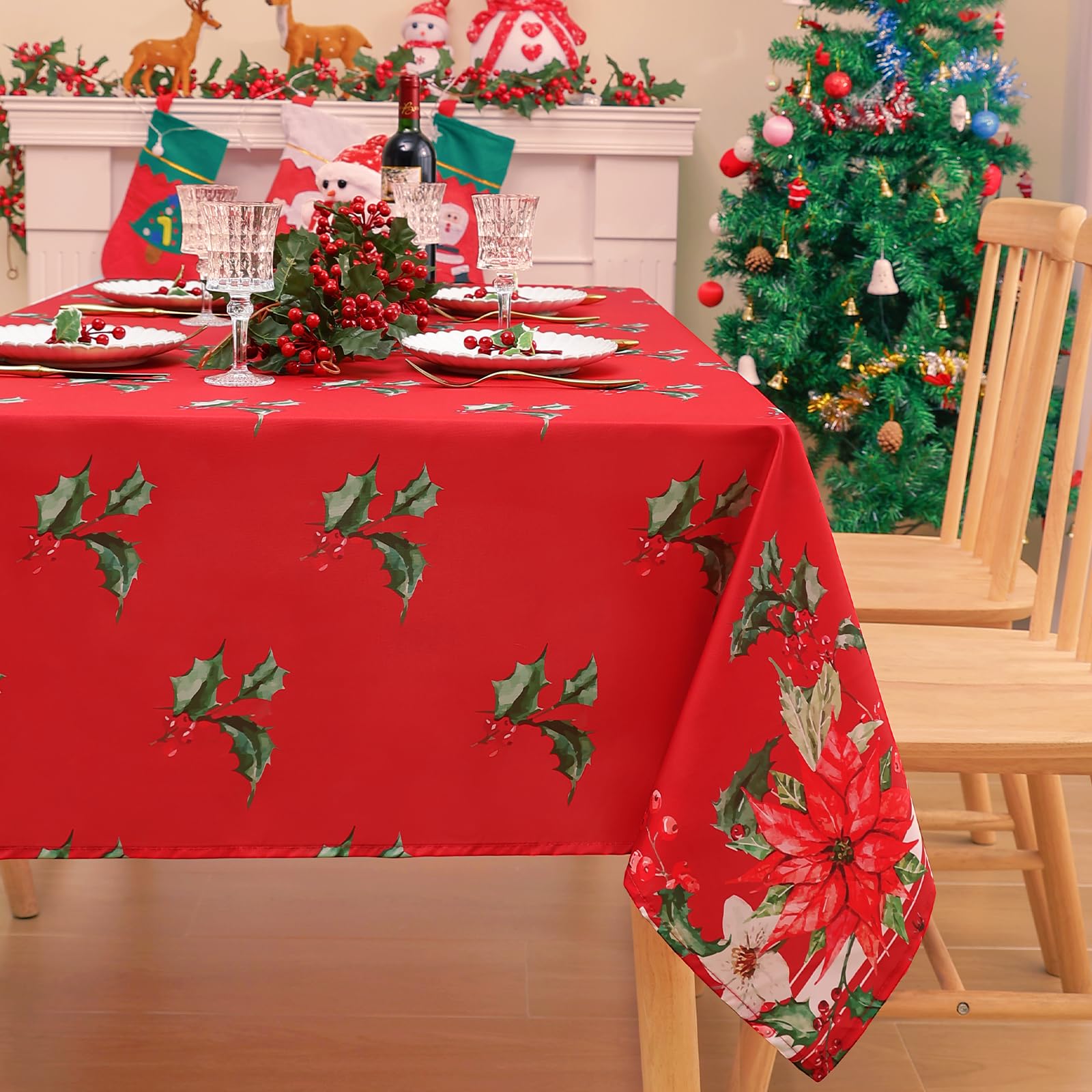 Homing Christmas Round Tablecloth - Red Poinsettia Flower Holly Holiday Wrinkle Resistant Spillproof Easy Care Table Cloth For P