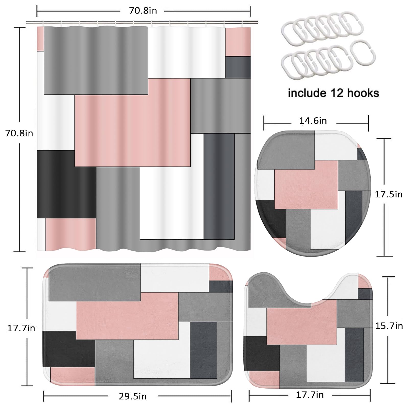 Tayney Pink Geometric Shower Curtain Set With Toilet Lid Cover And Non-Slip Rugs For Bathroom, Grey Black White Checkered 4 Pcs