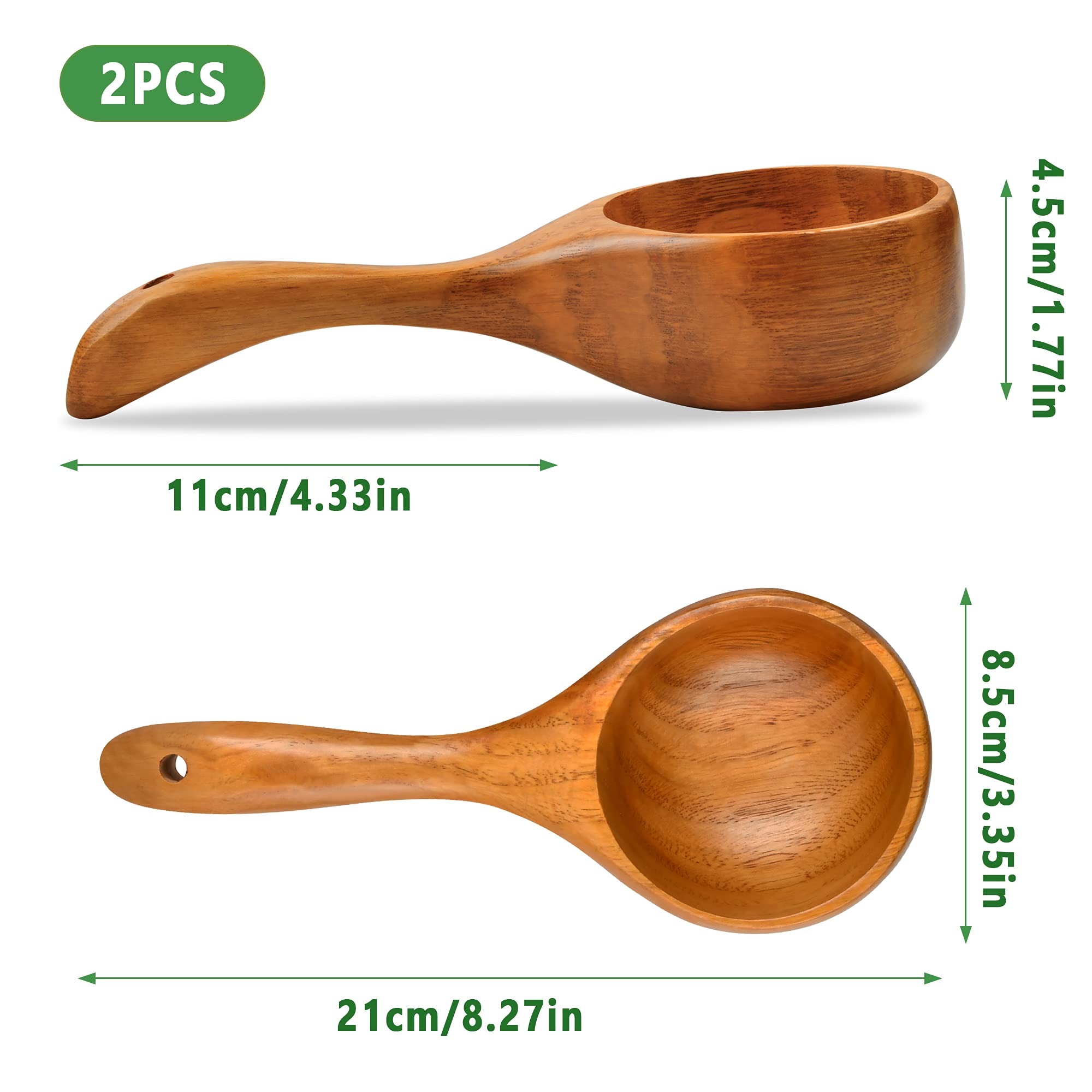 Aemygo 2 Pack Wooden Scoop Ladle For Kitchen, 8.5 Inch Large Solid Wood Kitchen Rice Scoop Multipurpose Bath Salt Scoop For Serv