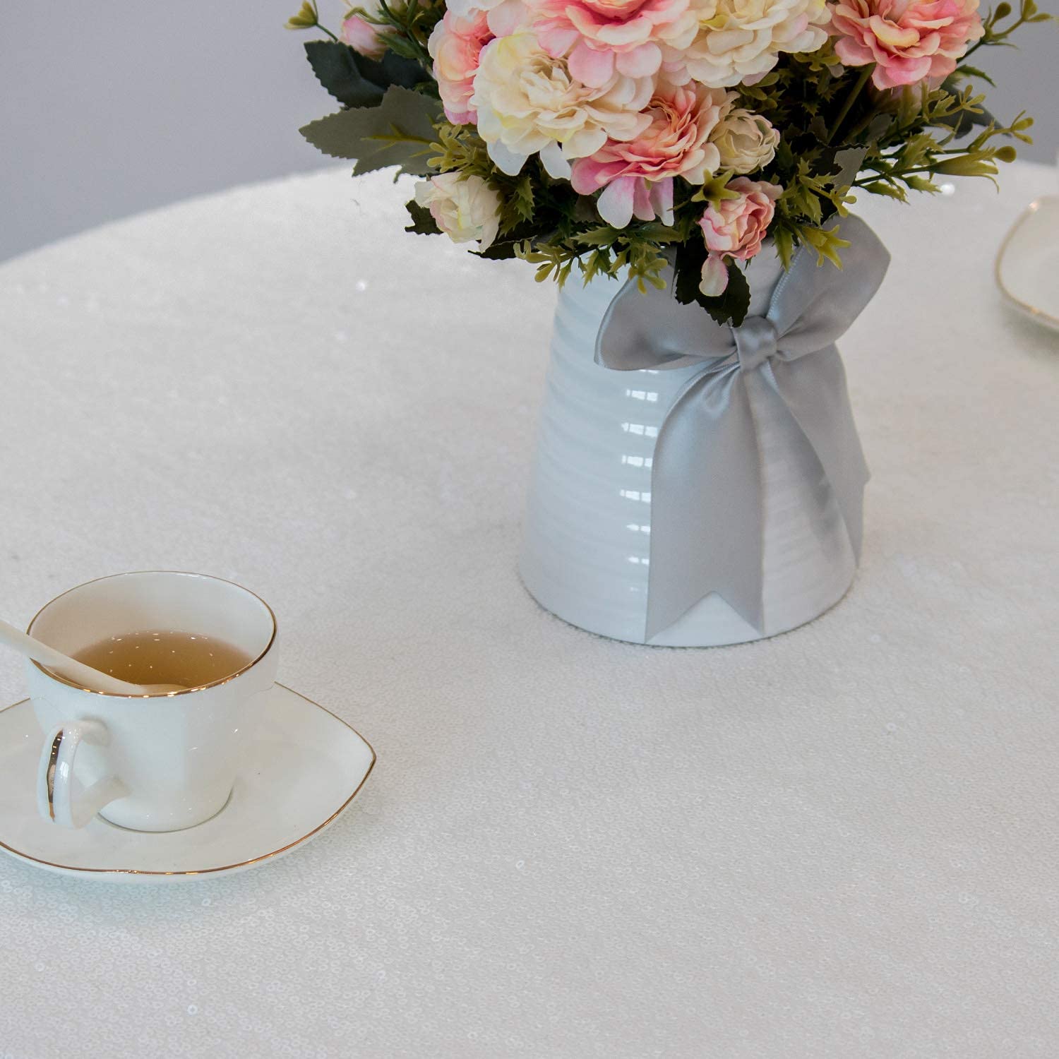 Jyflzq White Sequin Tablecloth 70 Round Sparkly Drape Table Cloths Table Cover Overlay For Wedding Birthday Party Baby Bridal Sh