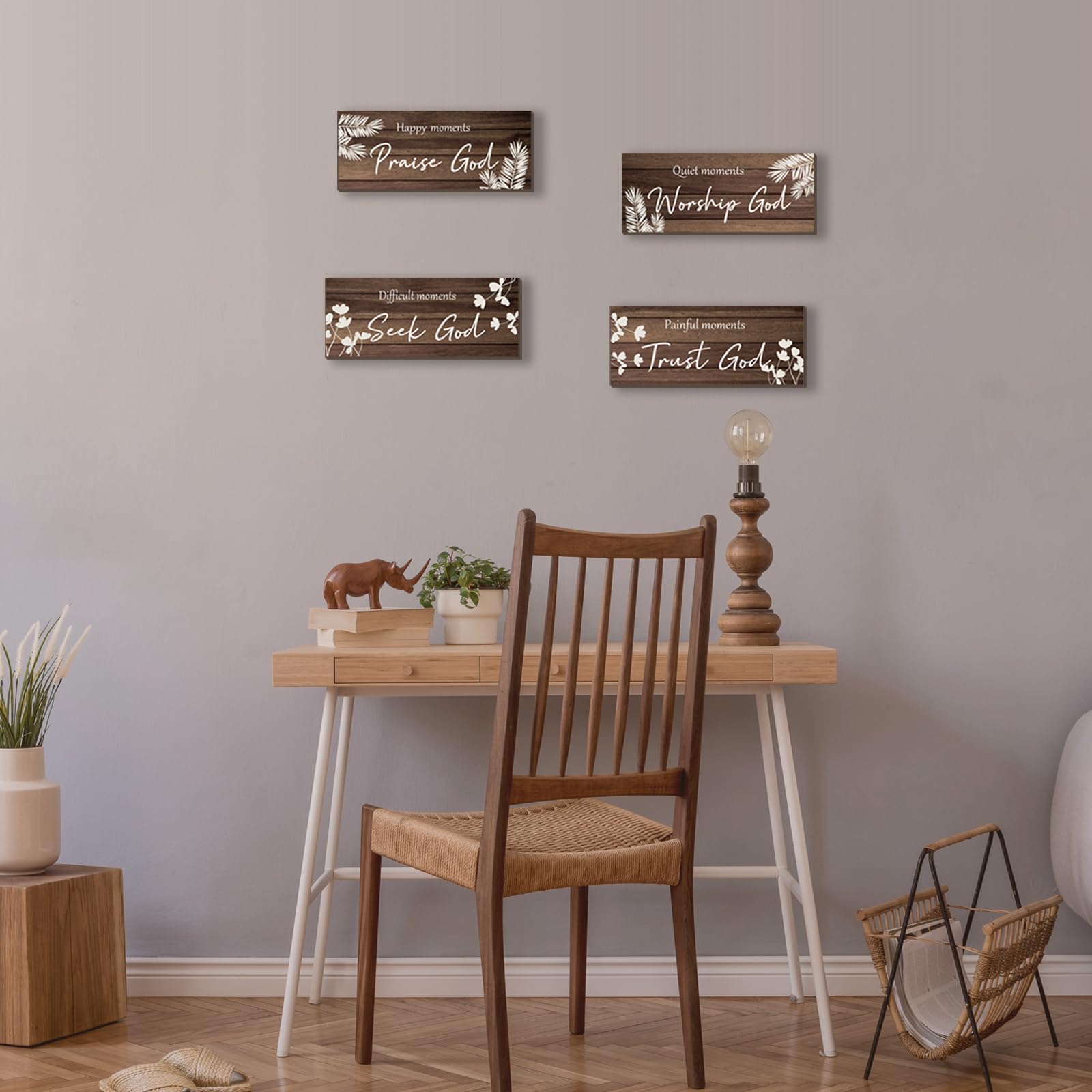 ONIZHITY 4 Pieces Brown Bathroom Decor Farmhouse Bathroom Accessories Rustic Religious Art Bible Verse Wooden Signs with Vintage