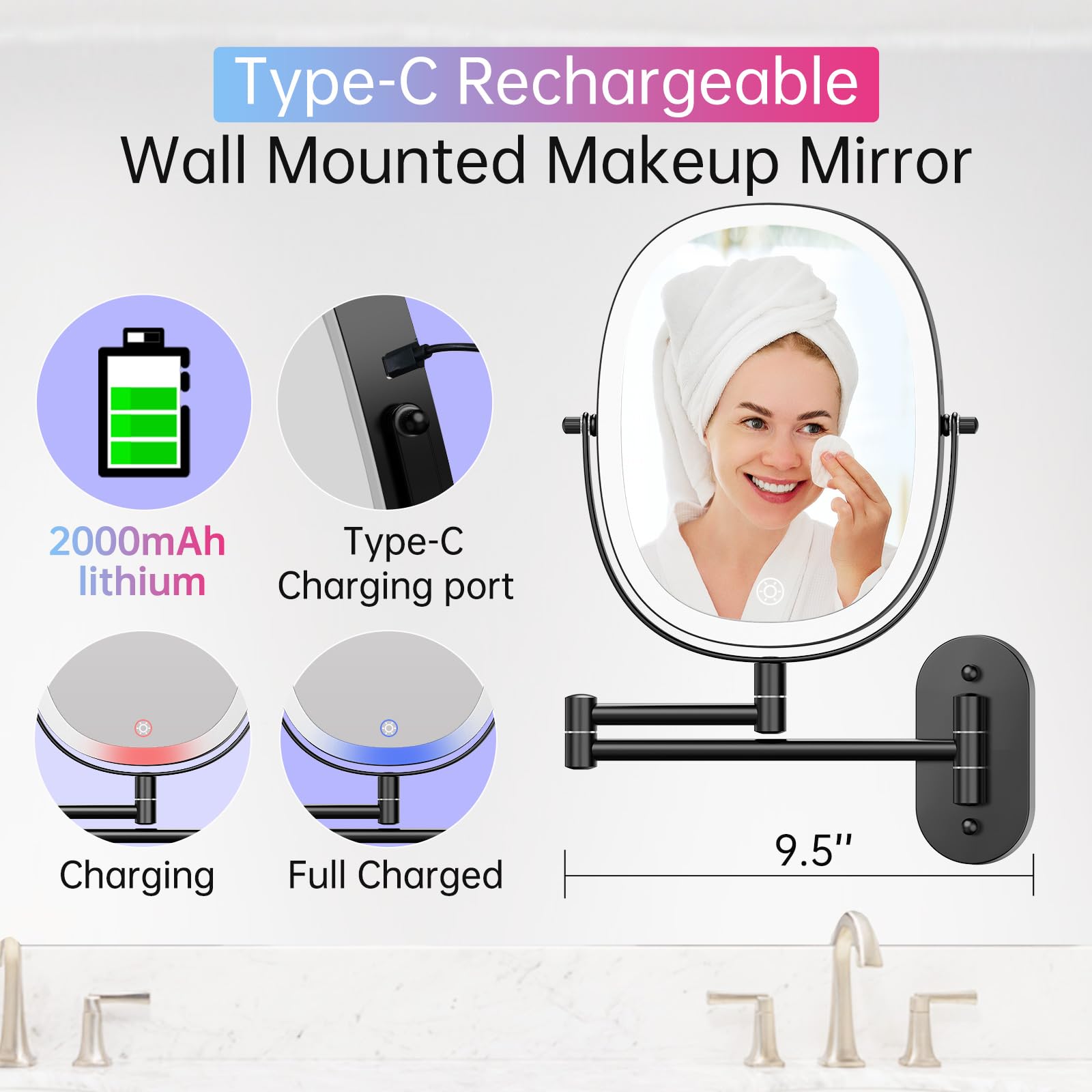Funtouch Rechargeable Wall Mounted Lighted Makeup Vanity Mirror, Double Sided 1X/7X Magnification, 3 Dimmable Light Settings, Ex