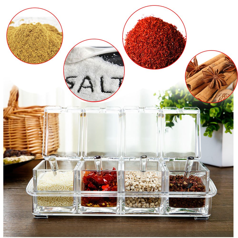 Clear Seasoning Box,V-Resourcing 4 Pieces Clear Seasoning Storage Container For Spice Salt Sugar Cruet,Condiment Jars With Spoon