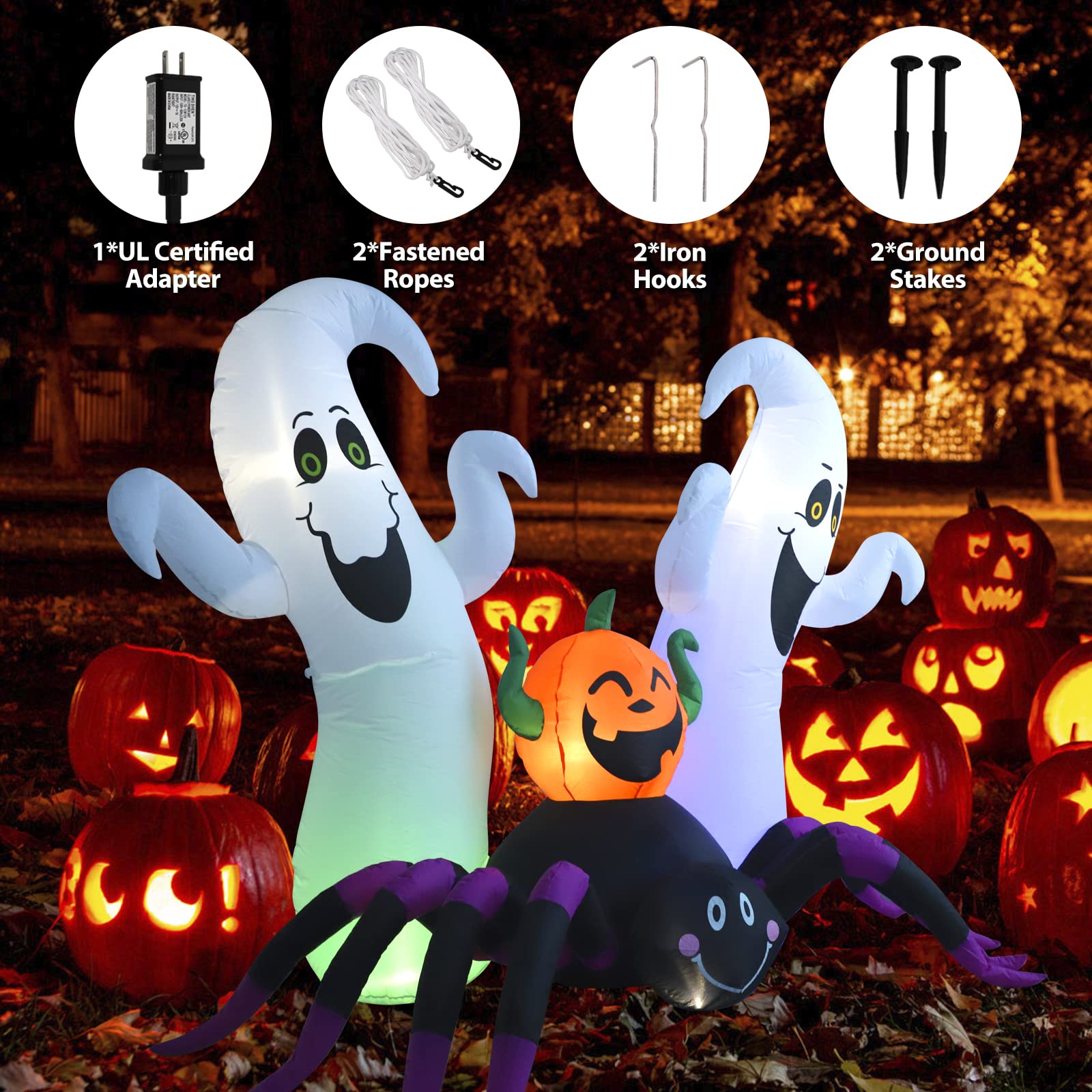 Halloween Inflatable, SHDEJTG 7Ft Pumpkin Ghost Spider Inflatable Decoration, Blow Up Yard Decoration Clearance with LED Lights