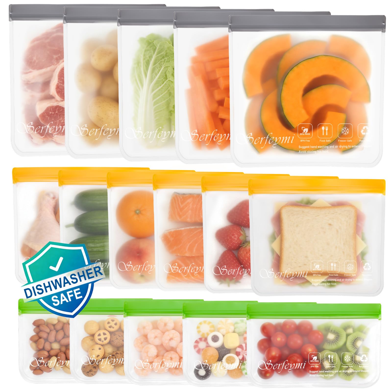 Serfeymi 16 Pack Reusable Gallon Freezer Bags Extra Thick, Reusable Plastic Bags Bpa Free, Leak Proof Food Storage Bags With 3 S