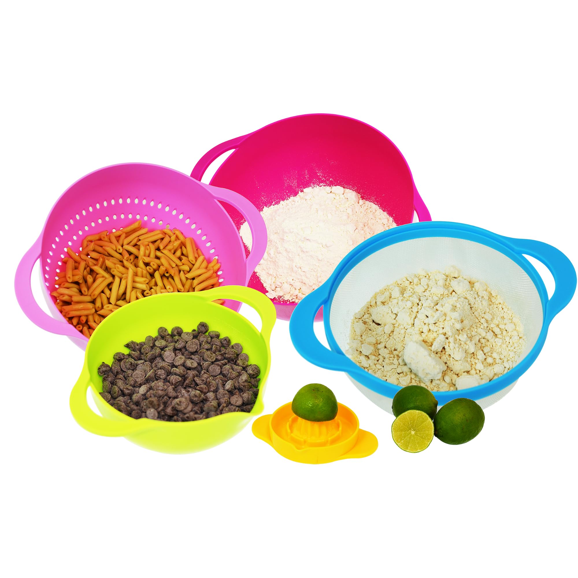 Southern Homewares 5 Piece Compact Nesting Mixing Bowl Colander Sieve Measuring Bowl Juicer Set Stackable Multi-Color