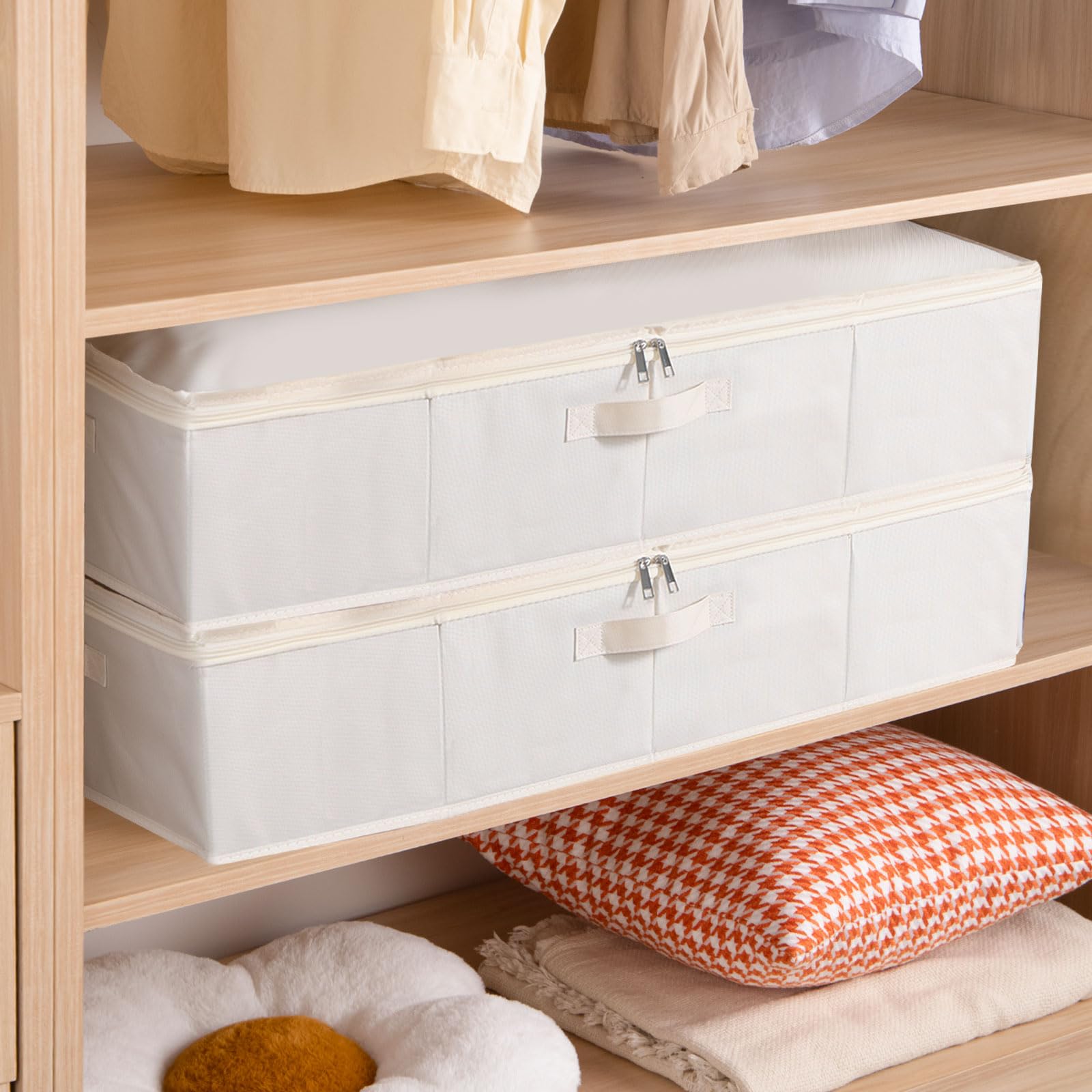 YheenLf Under the Bed Storage Bins, Closet Organizers with Reinforced Handles for Blanket, Sheets, Pillows, Towels, Shoes, Beige