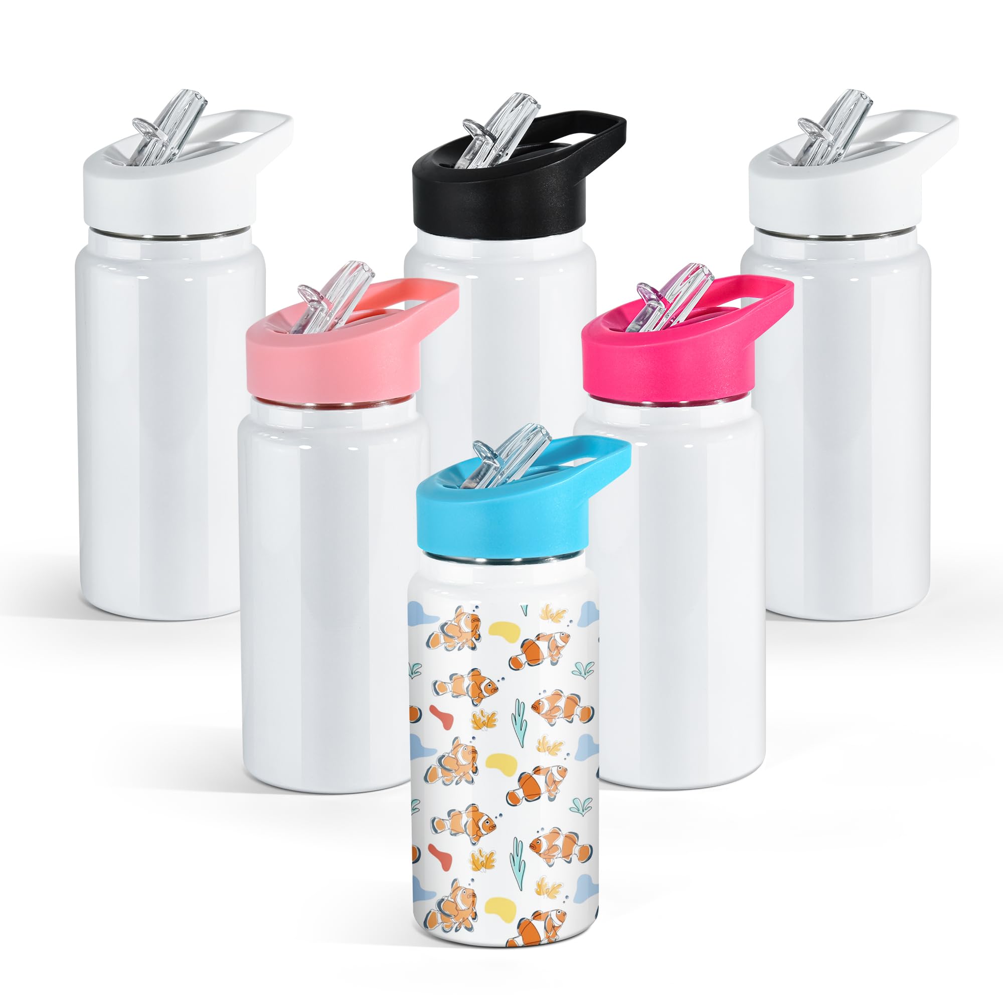 AGH 15 OZ Kids Sublimation Tumbler, 6 Pack White Stainless Steel Bottles Vacuum Flask Tumblers with Sippy Up Lid and Straw, Spor