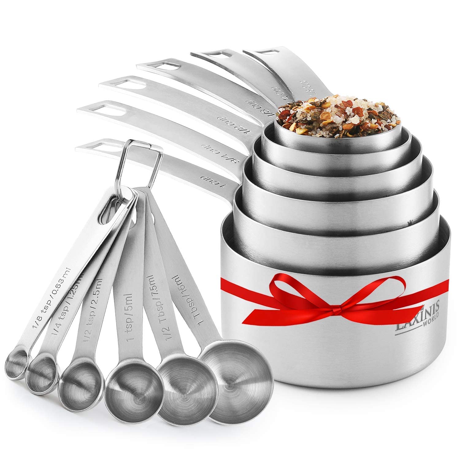 Laxinis World Stainless Steel Measuring Cups and Spoons Set - 12 pcs, Heavy Duty, Silver
