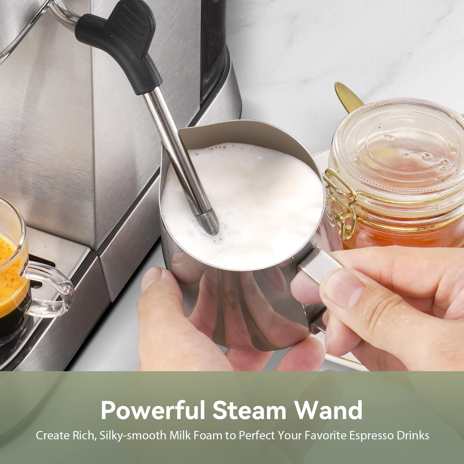 Gevi 20 Bar Espresso Maker with Milk Frother, Stainless Steel, 12.3"D x 5.5"W x 12"H, Compact Cappuccino Machine, Sterling Silver