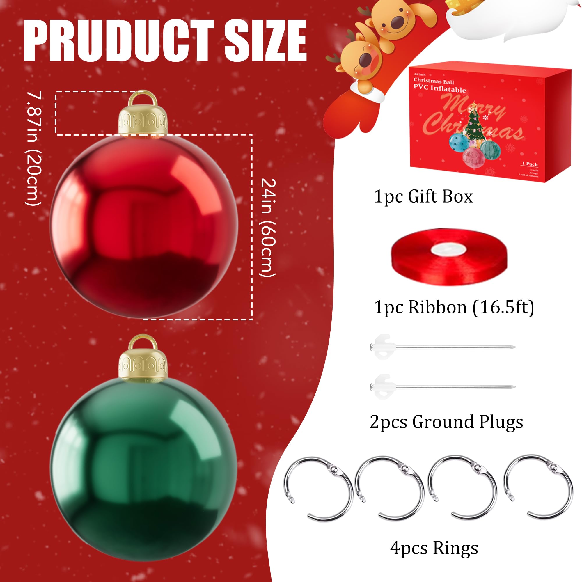 2Pcs 24 Inch Christmas Inflatable Balls Outdoor Giant Christmas Balls, Large Outdoor Christmas Ornaments Ball Xmas Hangable Blow
