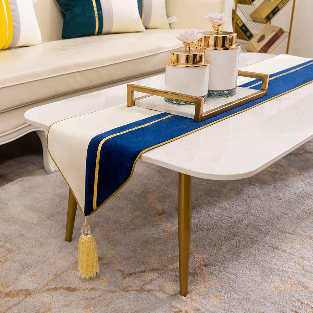 Avigers 12 X 72 Inch Decorative Luxury Navy Blue White Gold Leather Striped Patchwork Velvet Table Runners With Tassels For Home