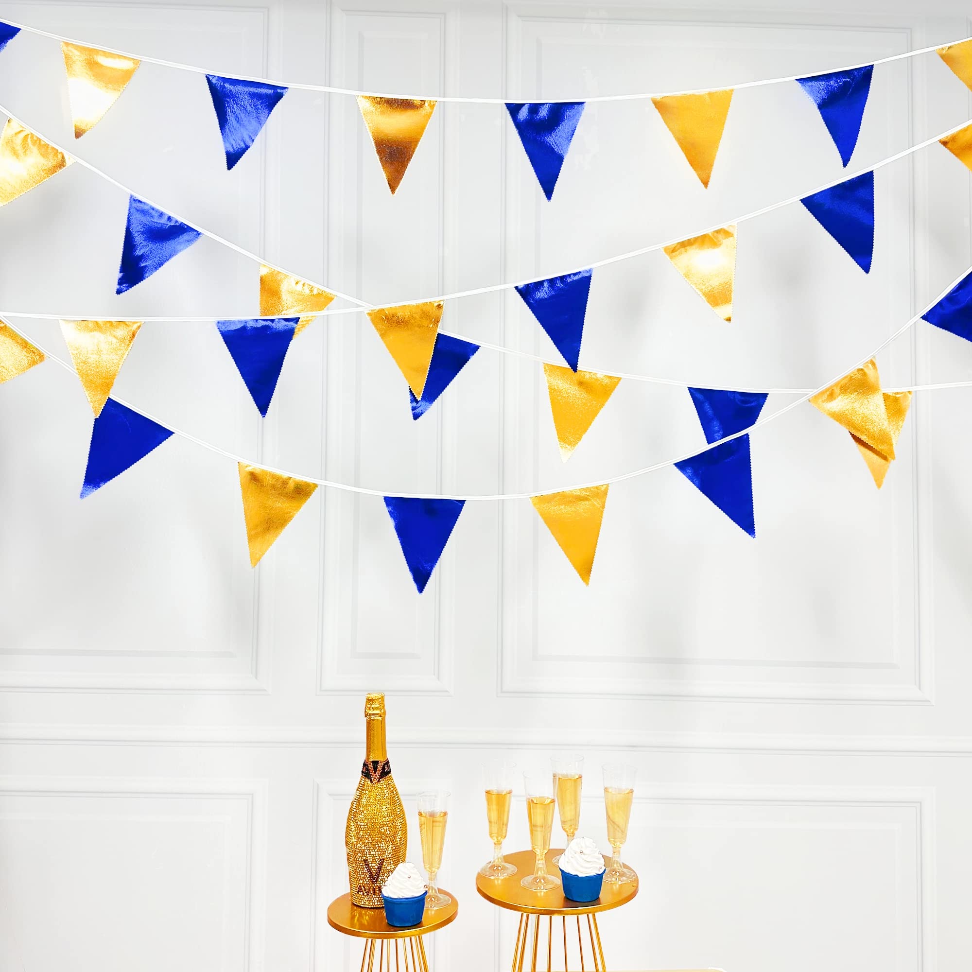 Royal Blue Gold Party Decoration Navy Blue Gold Triangle Pennant Banner Flag Metallic Fabric Bunting Garland For Graduation Birt