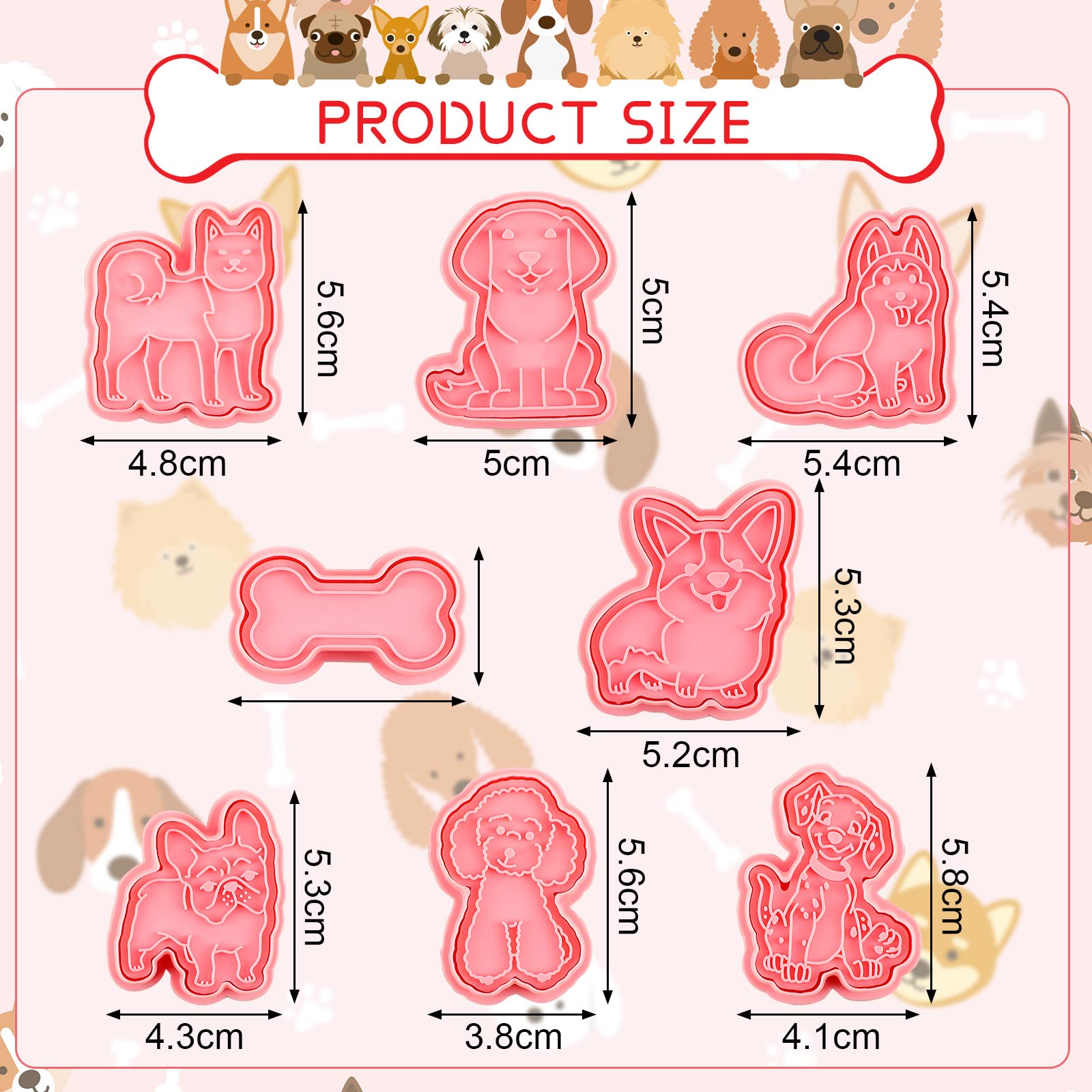 8 Pcs Dog Cookie Cutters With Plunger Stamps Set 3D Puppy Bone Shape Biscuit Cutter Funny Cartoon Cookie Stamps Stamped Embossed