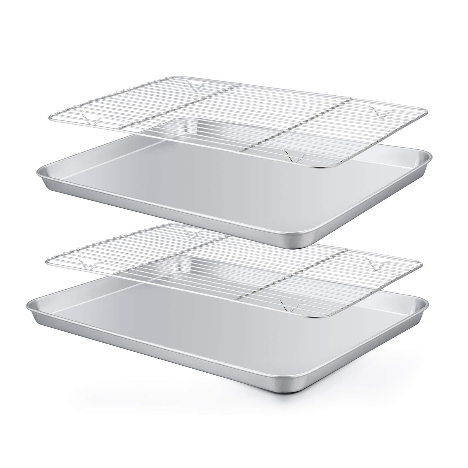 Teamfar Baking Pan With Rack Set Of 4, 12.5 X 9.5 Stainless Steel Toaster Oven Baking Pan With Cooling Rack, Healthy & Non Toxic