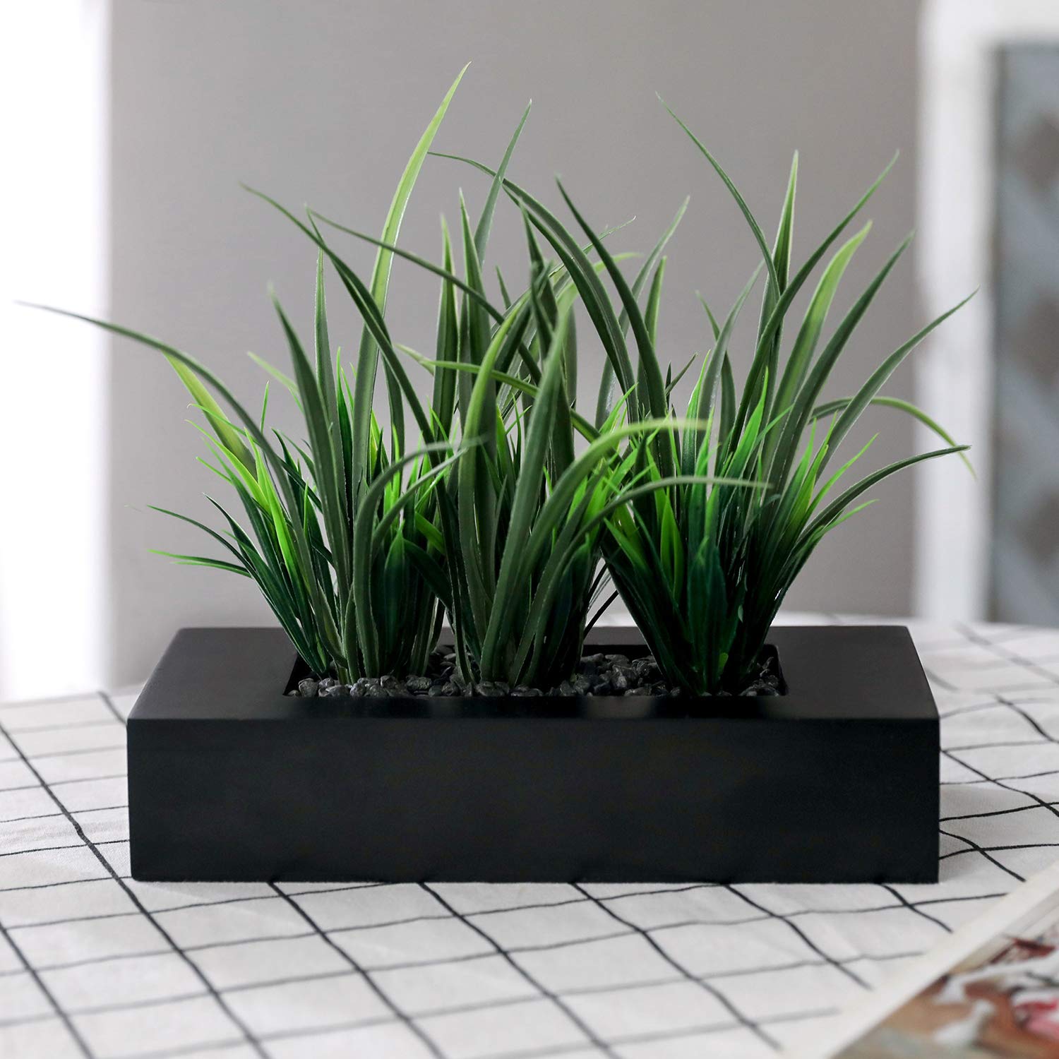 MyGift Artificial Green Grass Plants Potted in 9-inch Matte Black Wood Decorative Planter, Tabletop Faux Greenery in Wooden Rect