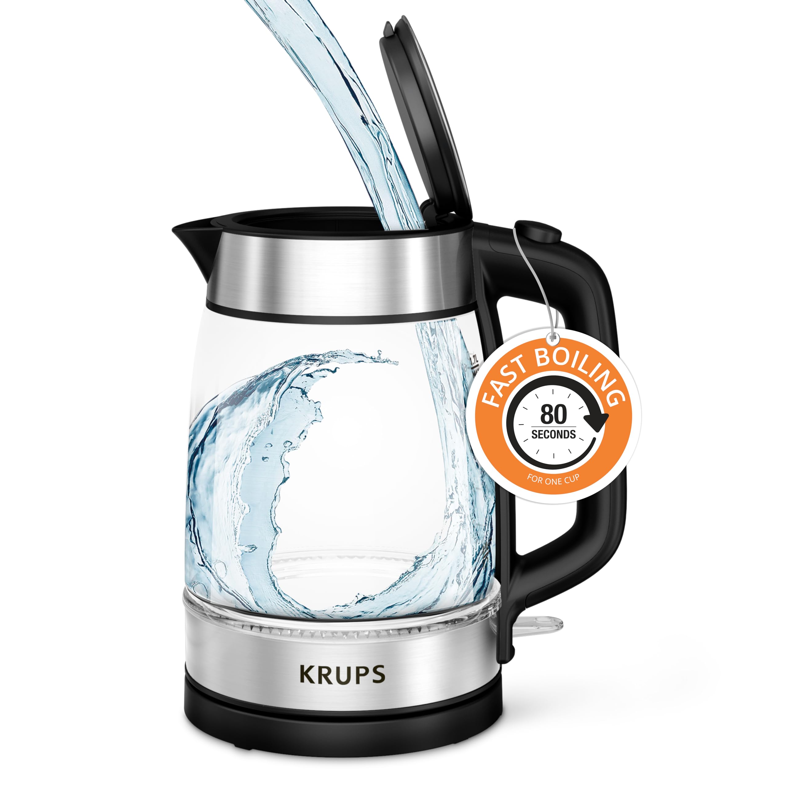 KRUPS 1.7L Glass Electric Kettle - Fast-Boiling 1500W, Auto Shut-Off, Stainless Steel and Black, Model KI700852