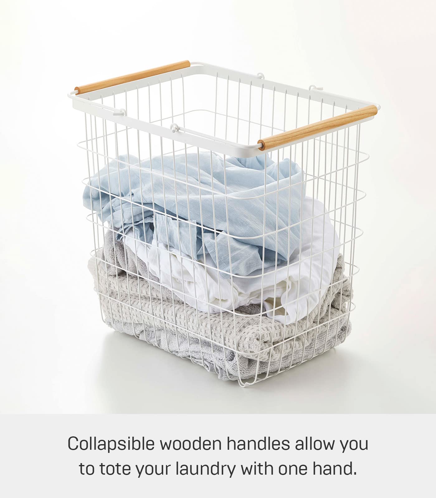 Yamazaki Home Tosca Laundry Basket - Laundry Basket With Wooden Handles - Large, 15'' - Steel + Wood - 8.7 Gallons, 33 Liters