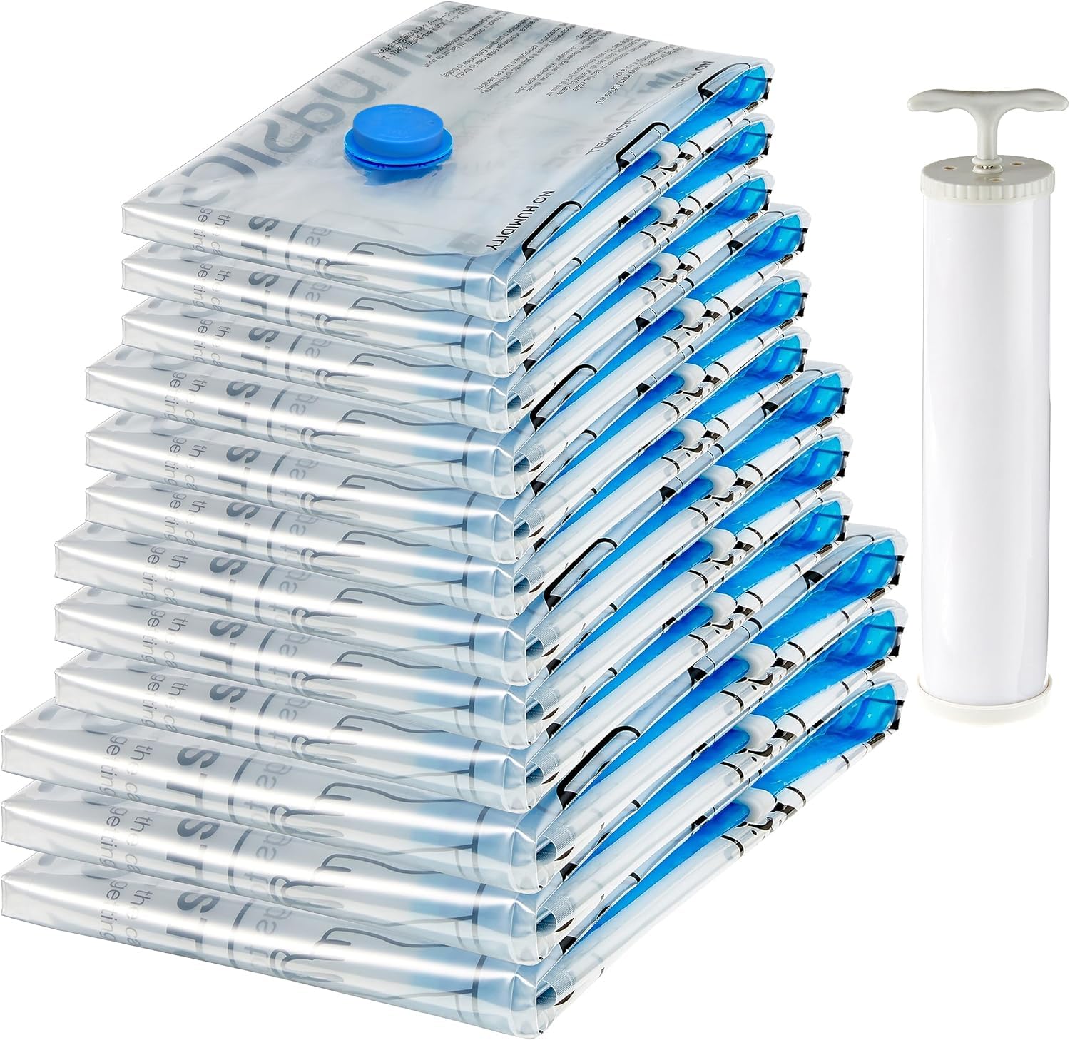 Amazon Basics Vacuum compression Storage Bags with Hand Pump  Multiple Pack of 12 (3 Jumbo  3 Large  3 Medium  3 Small)  clear