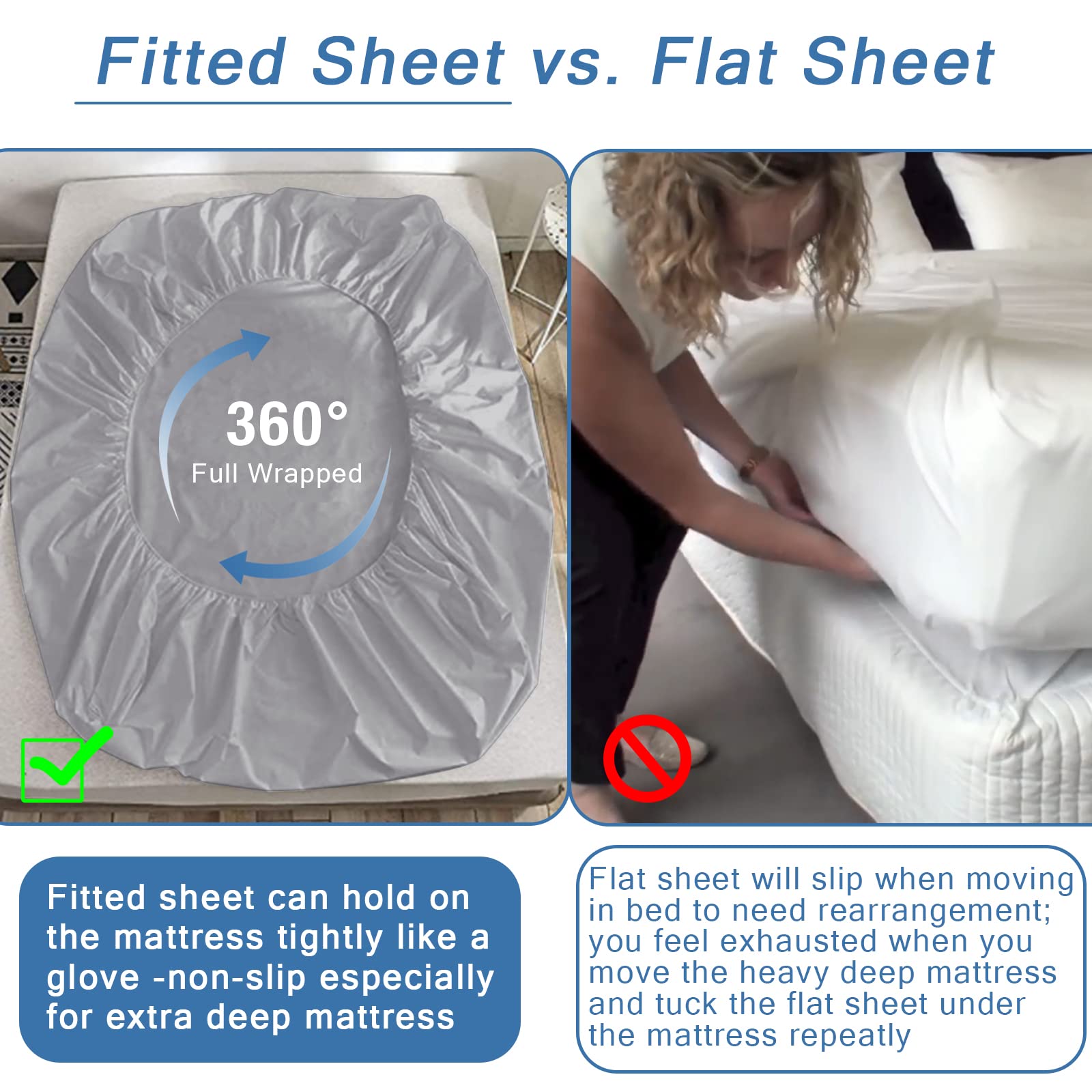 Bedecor Queen Fitted Sheet Only 21 inch Extra Deep Pocket Light Gray Bottom Bed Sheet  Soft Breathable Stay in Place for Pillow Top Mattress Thick Mattress