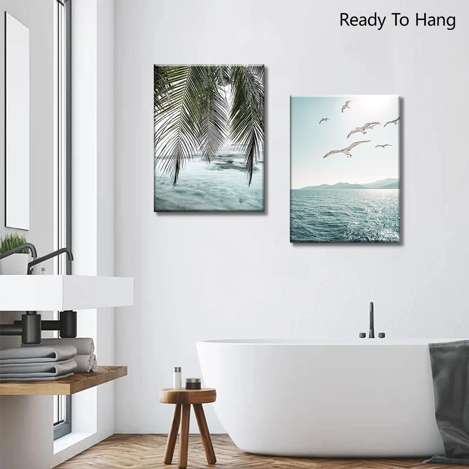 Framed Ocean Wall Art Beach Tropical Prints Bathroom Decor Canvas Turquoise Seascape Mint Green Paintings Coastal Pictures Palm Tree Artwork for Bedroom Living Room12''*16''*2