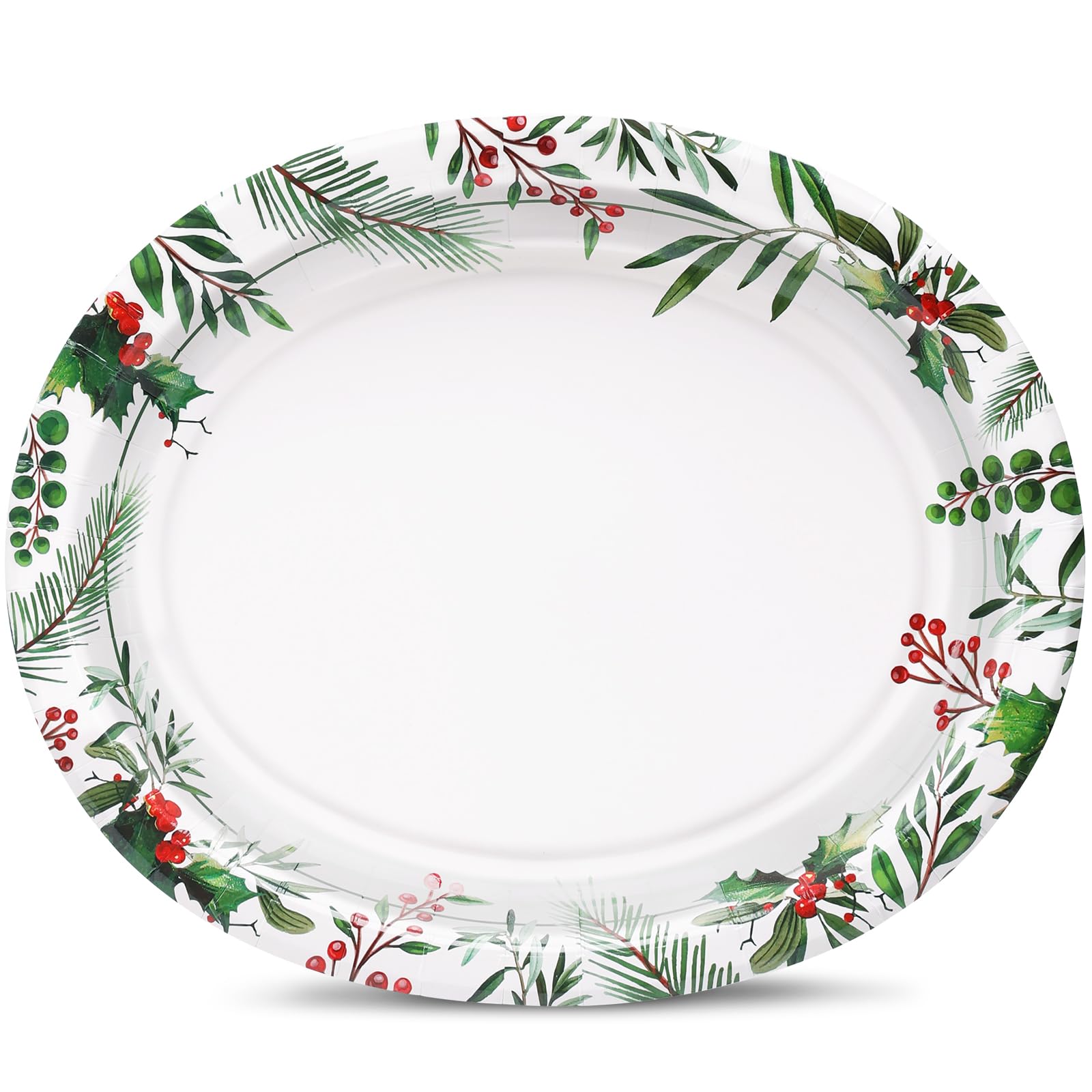 VEIZEDD 50 Count Oval Christmas Plates, 12x10 Heavy Duty Paper Plates with Holly Leaves Red Berries for Xmas Holiday Wedding Gre