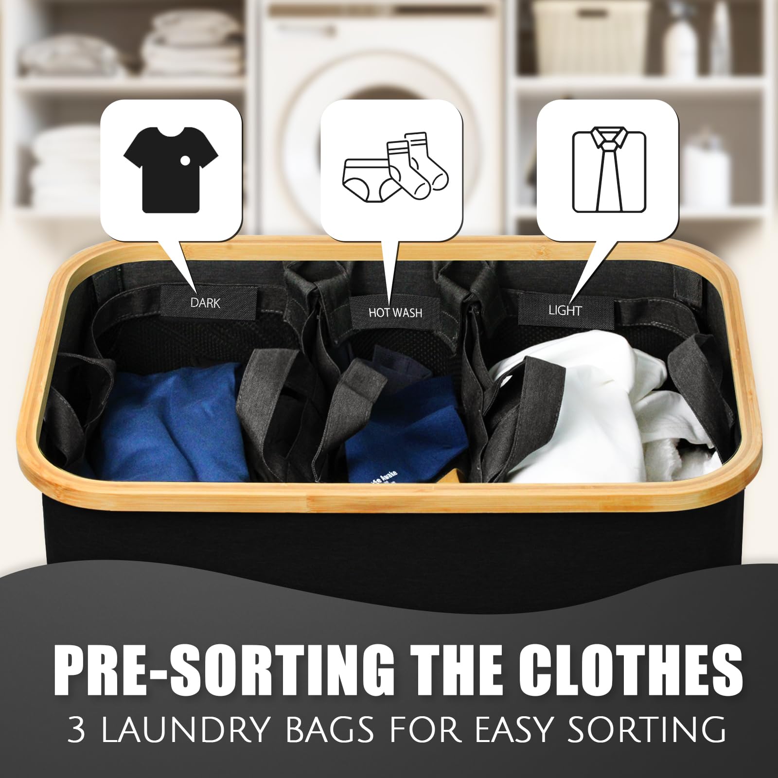 Hampers for Laundry Basket with Lid  160L Extra Large 3 Section Clothes Divided Organizer for Bedroom Laundry Room Dirty Clothing Hamper Black