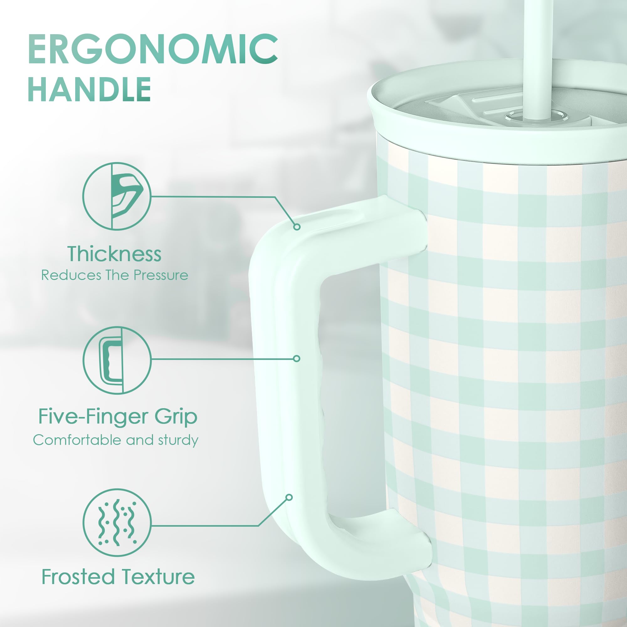 Mint Gingham 40oz Slider Tumbler with Handle and Straw - Insulated Stainless Steel Travel Coffee Mug for Women Girls, Gift for B