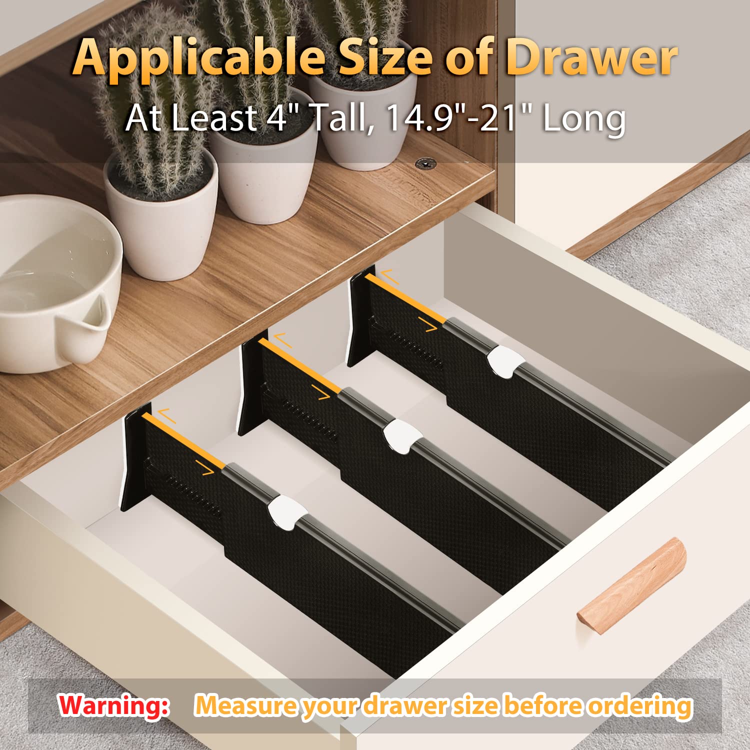 JONYJ Drawer Dividers Organizer 4 Pack, Adjustable Separators 4'' High Expandable from 14.9-21'' for Bedroom, Bathroom, Closet,C