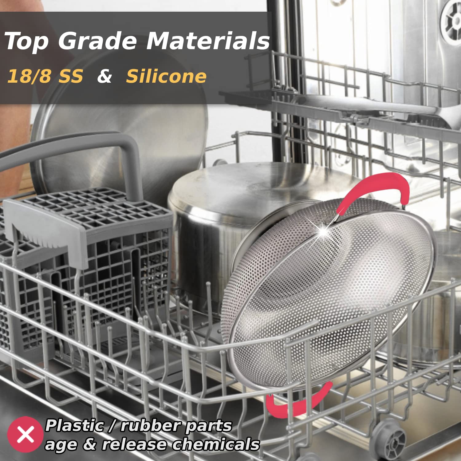 5-Quart Colander 18/8 Stainless Steel Colander Silicone Handle Large Heavy Duty Professional Kitchen Strainer Great For Pasta, B