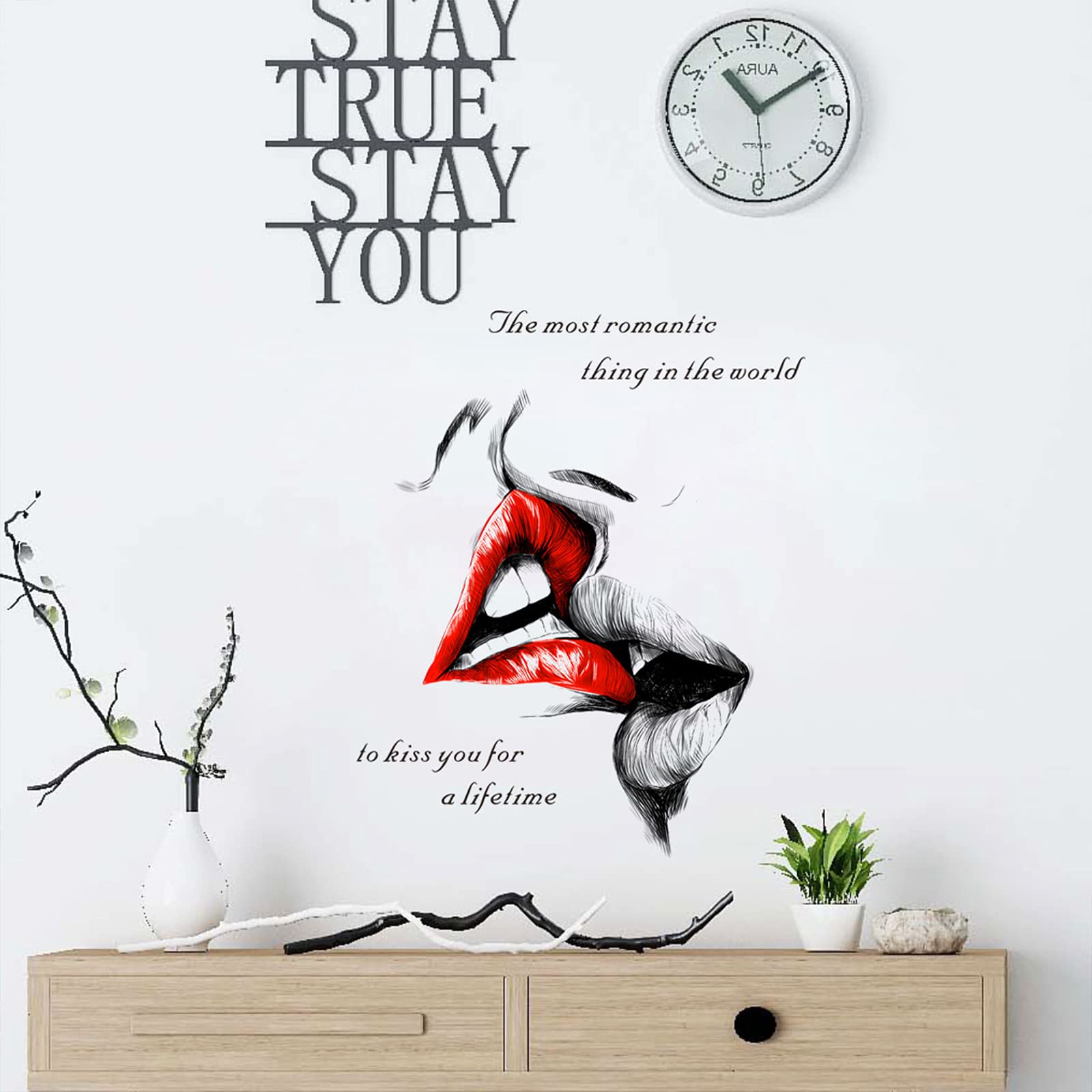 Cokoyy Sexy Red Lips Kiss Wall Decals, Kiss You For A Lifetime Quotes Wall Stickers, Kissing Lips Fashion Silhouette Mural, Remo