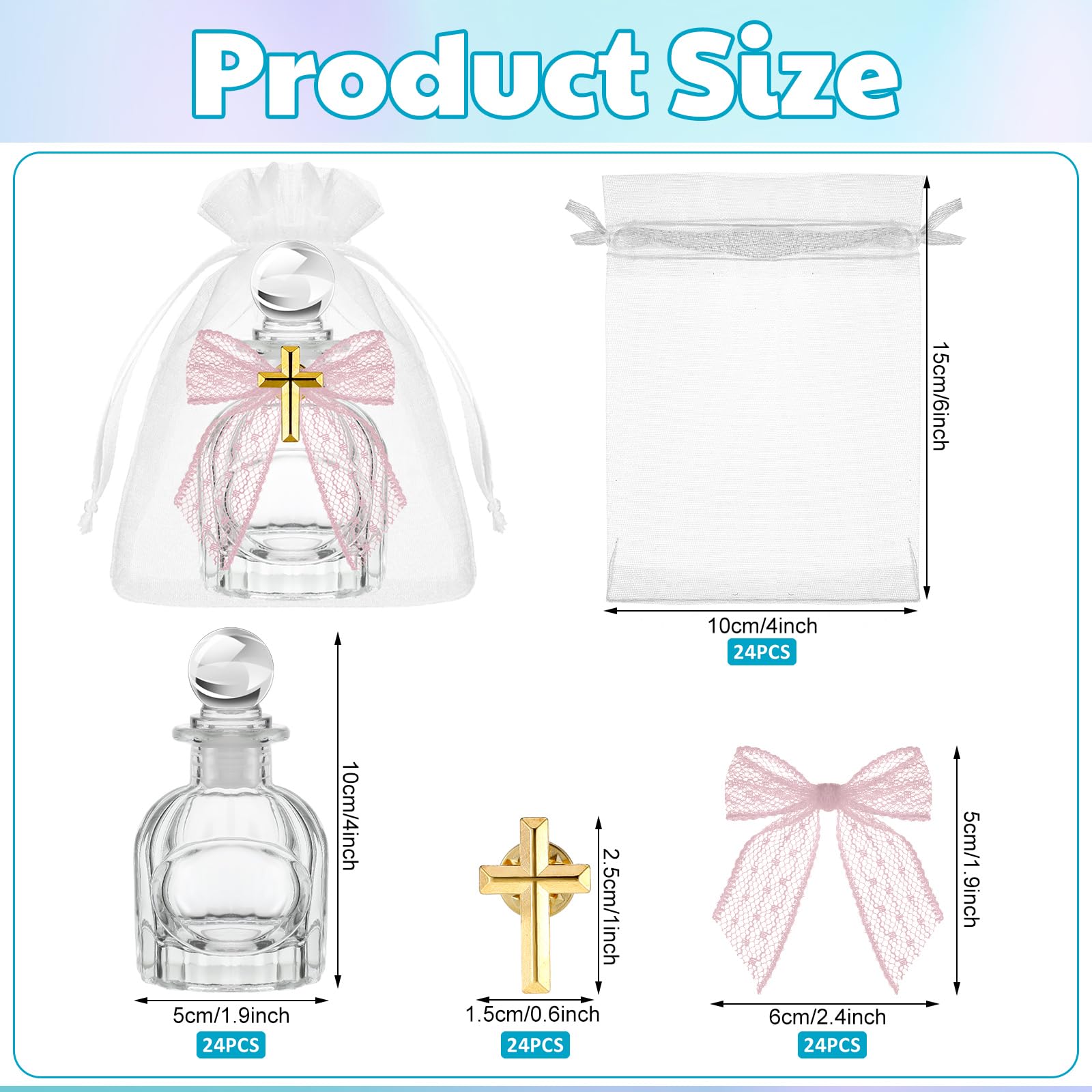 Newtay Holy Water Bottles Catholic Bulk Glass Baptism Favors for Guests Christian Water Container with Cross Organza Bags Bow fo