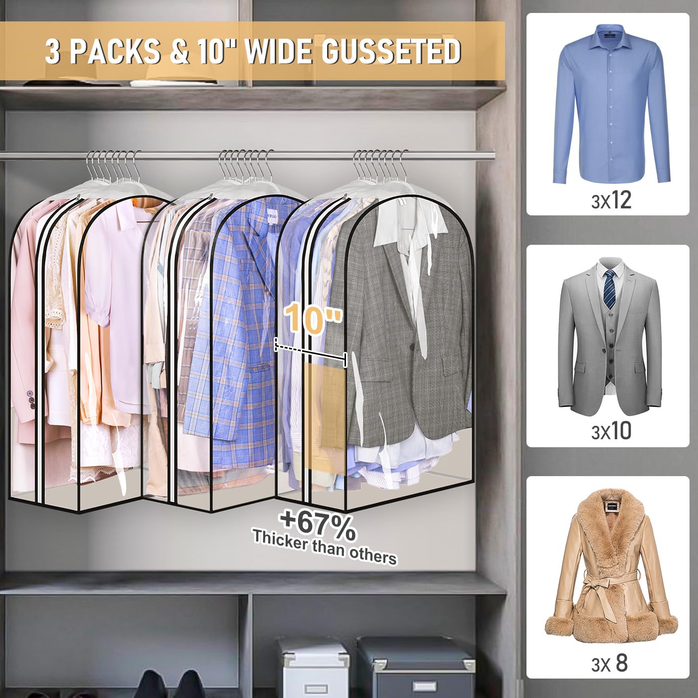 Misslo 32'' All Clear Garment Bags For Hanging Clothes 10'' Gusseted Suit Bags For Closet Storage Suit Cover Bags Hanging Clothe