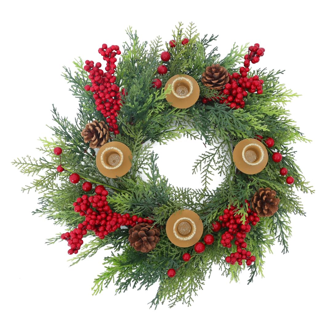 Seasons Christmas Candle Holder Wreath, 18 inch Advent Centerpiece Decor, Candle Wreath Decorations for Table Indoor Home & Chur