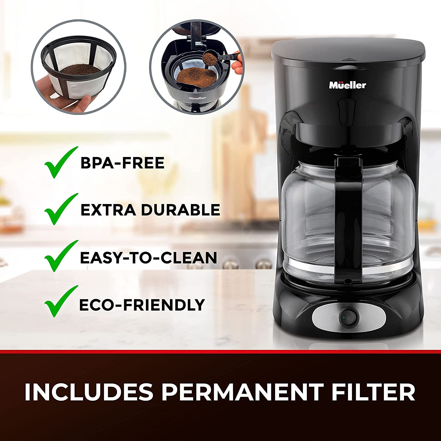 Mueller 12-Cup Drip Coffee Maker  Auto Keep Warm Function  Smart Anti-Drip System  with Permanent Filter and Borosilicate Glass Carafe  Clear Water Level Window Coffee Machine