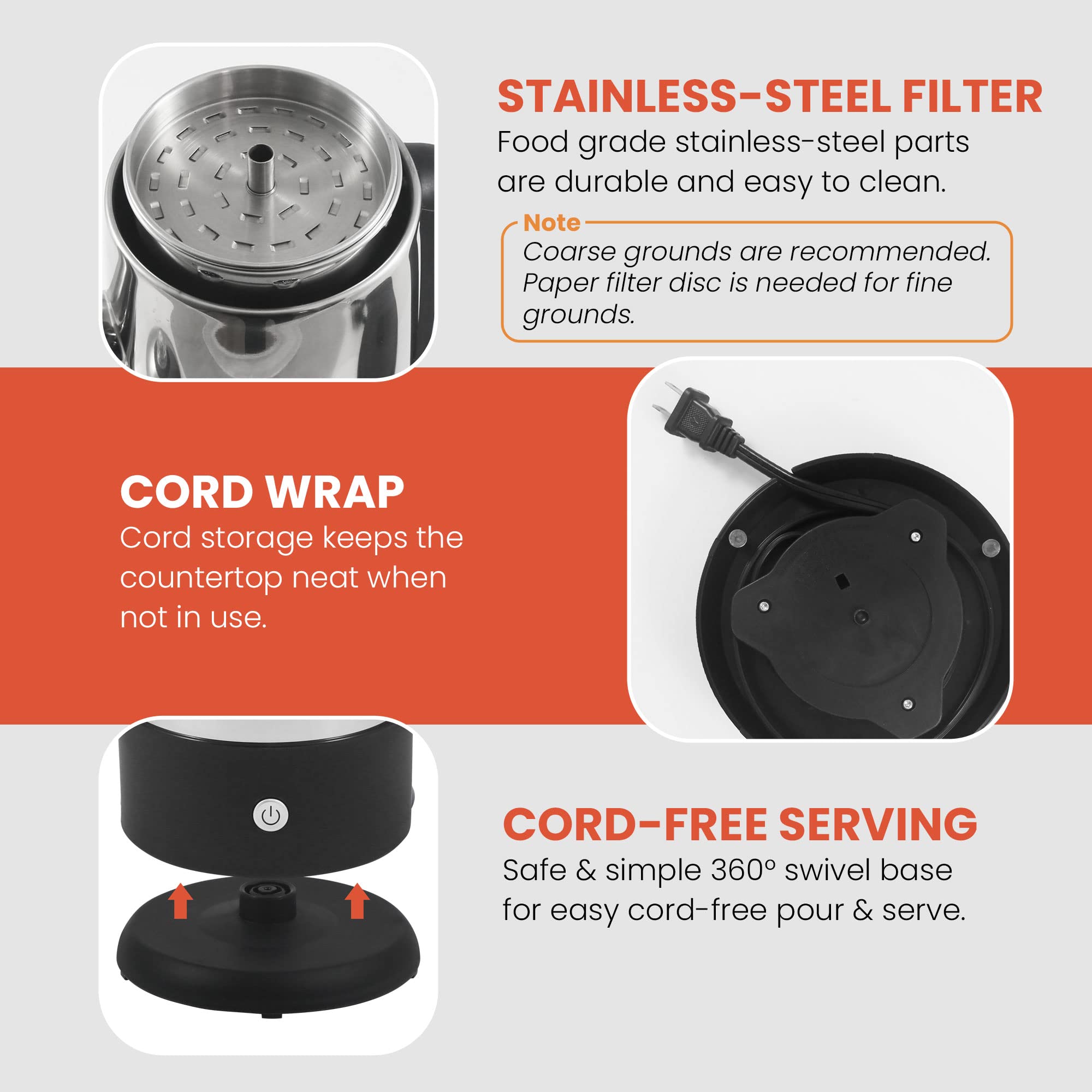 Elite Gourmet Ec812 Electric 12-Cup Coffee Percolator With Keep Warm, Clear Brew Progress Knob Cool-Touch Handle Cord-Less Serve