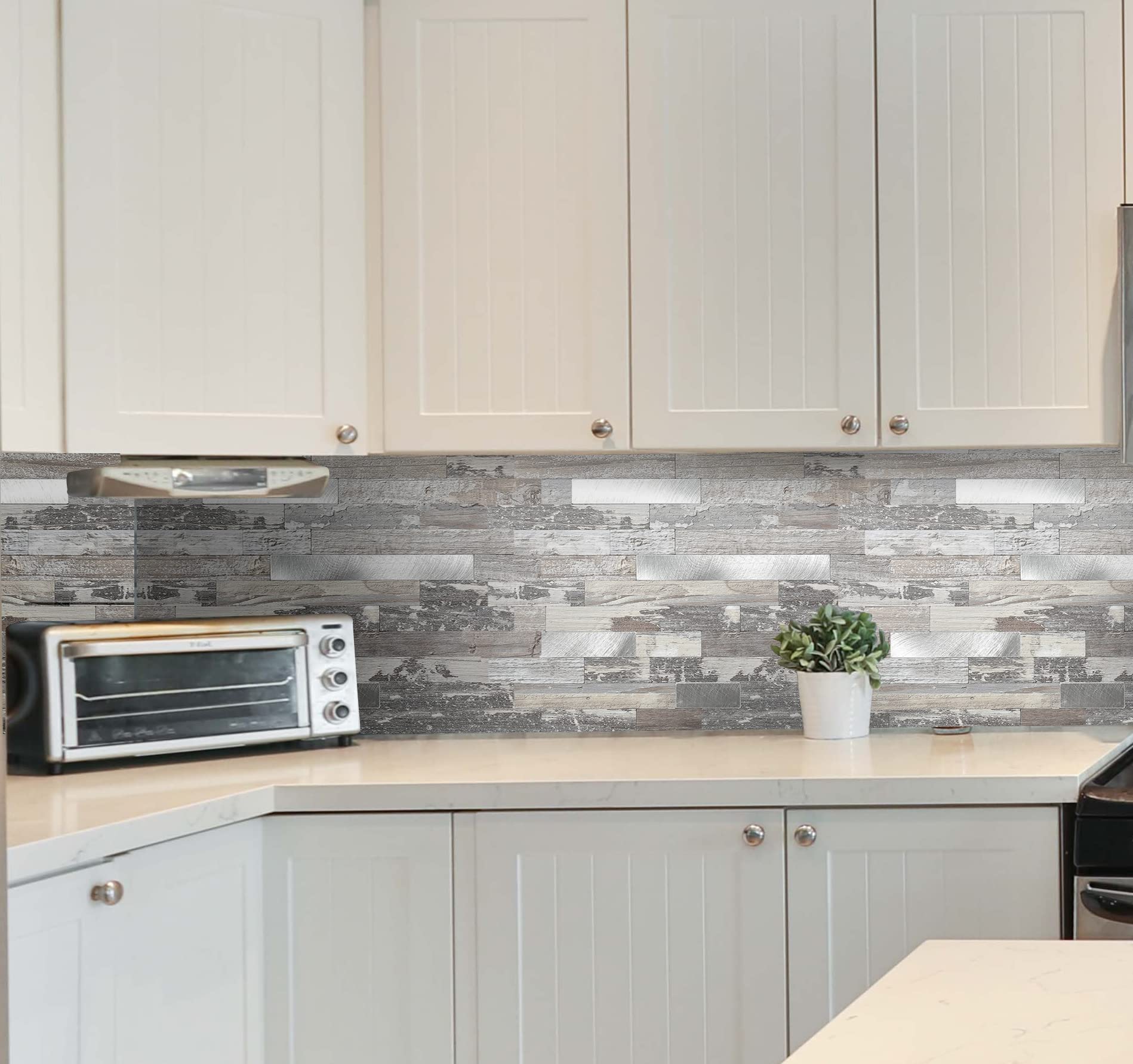 5 - Sheets Peel and Stick Wood Metal Tile Backsplash, Stick on Tiles for Backsplash Kitchen, Bathroom, Laundry Room, Camper, Fir
