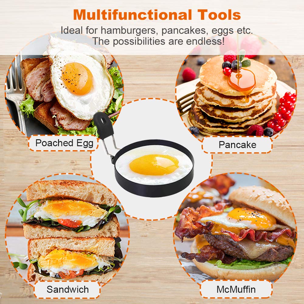 Cotey 3.5'' Egg Rings Set Of 2 With Silicone Handle, Large Ring For Frying Eggs, Round Mold For English Muffins - Griddle Cookin
