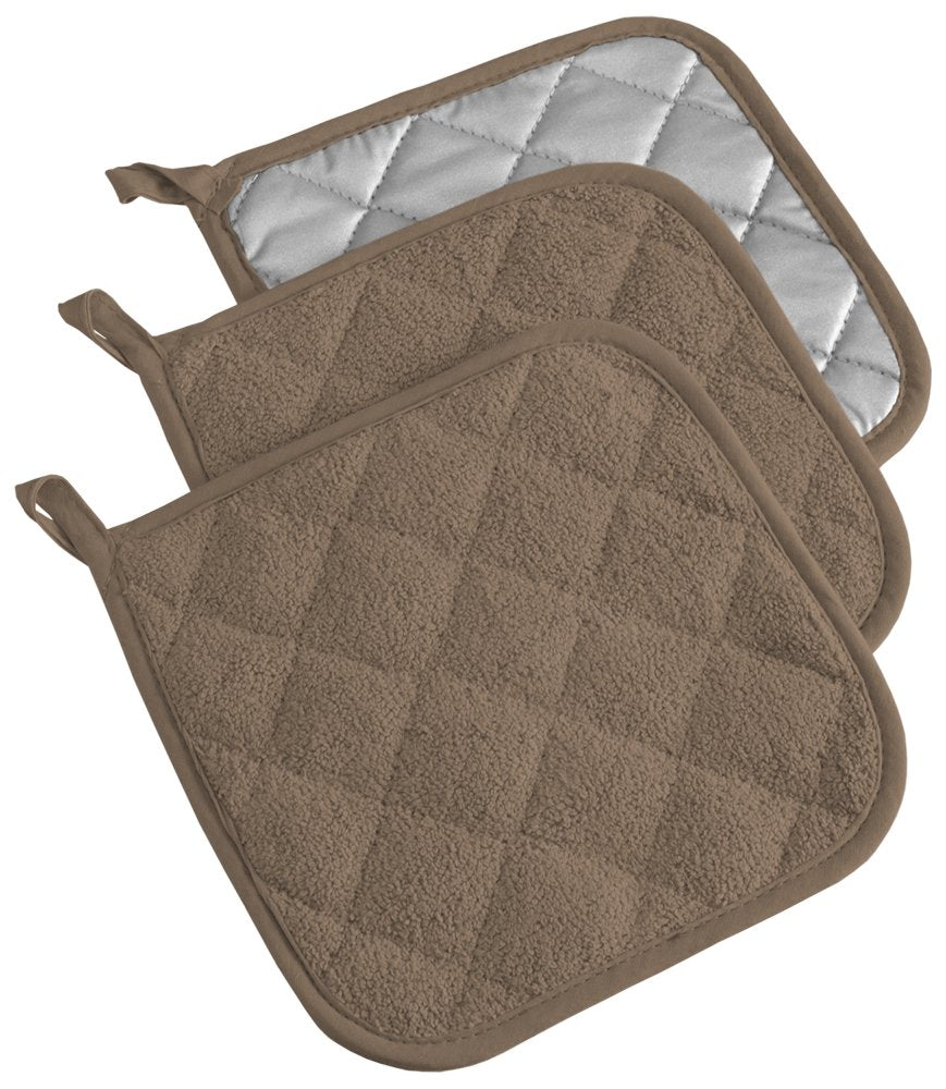 Dii Basic Terry Collection Quilted 100% Cotton, Potholder, Brown, 3 Piece