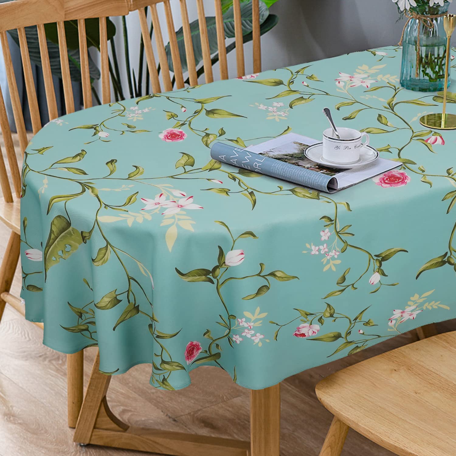 Bnejvif Plum Flower Oval Print Tablecloth, Spring Patterned Oval Tablecloth, Summer Food Network Oval Tablecloth Waterproof Wrin