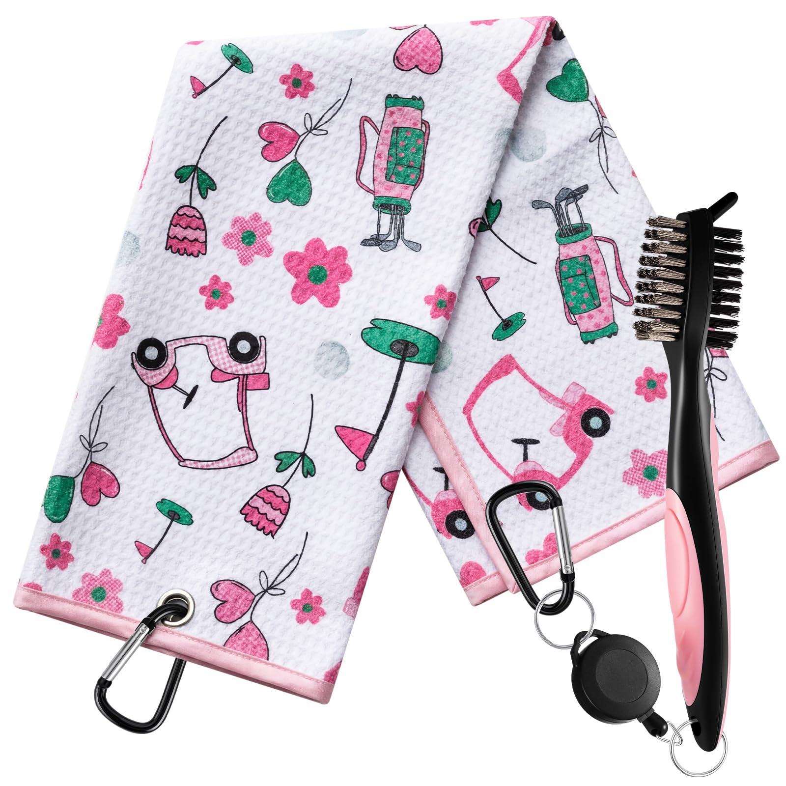 Liliful Woman Golf Accessories Kit Include 19.69 x 15.75 Inches Microfiber Waffle Golf Towel and Club Groove Cleaner Brush for W